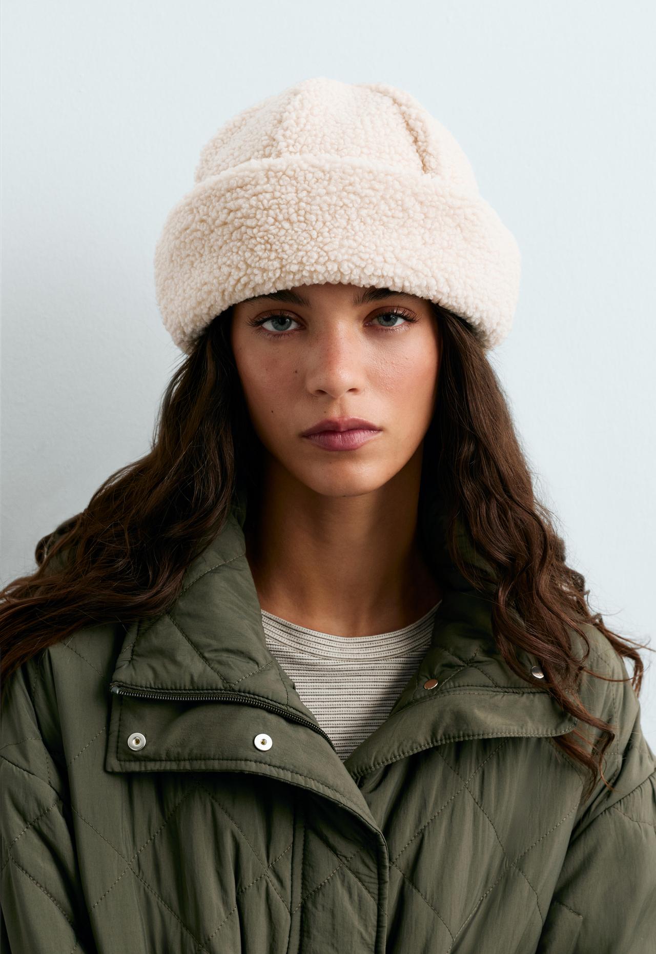 Faux-shearling turn-up beanie — CREAM