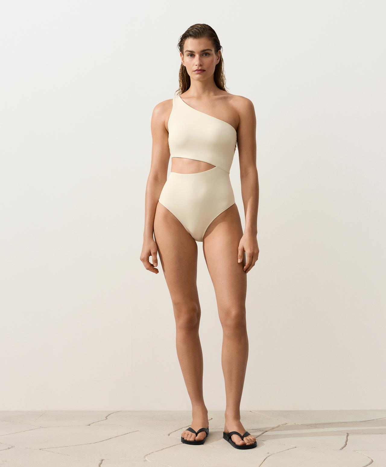Asymmetric strap trikini — ECRU
