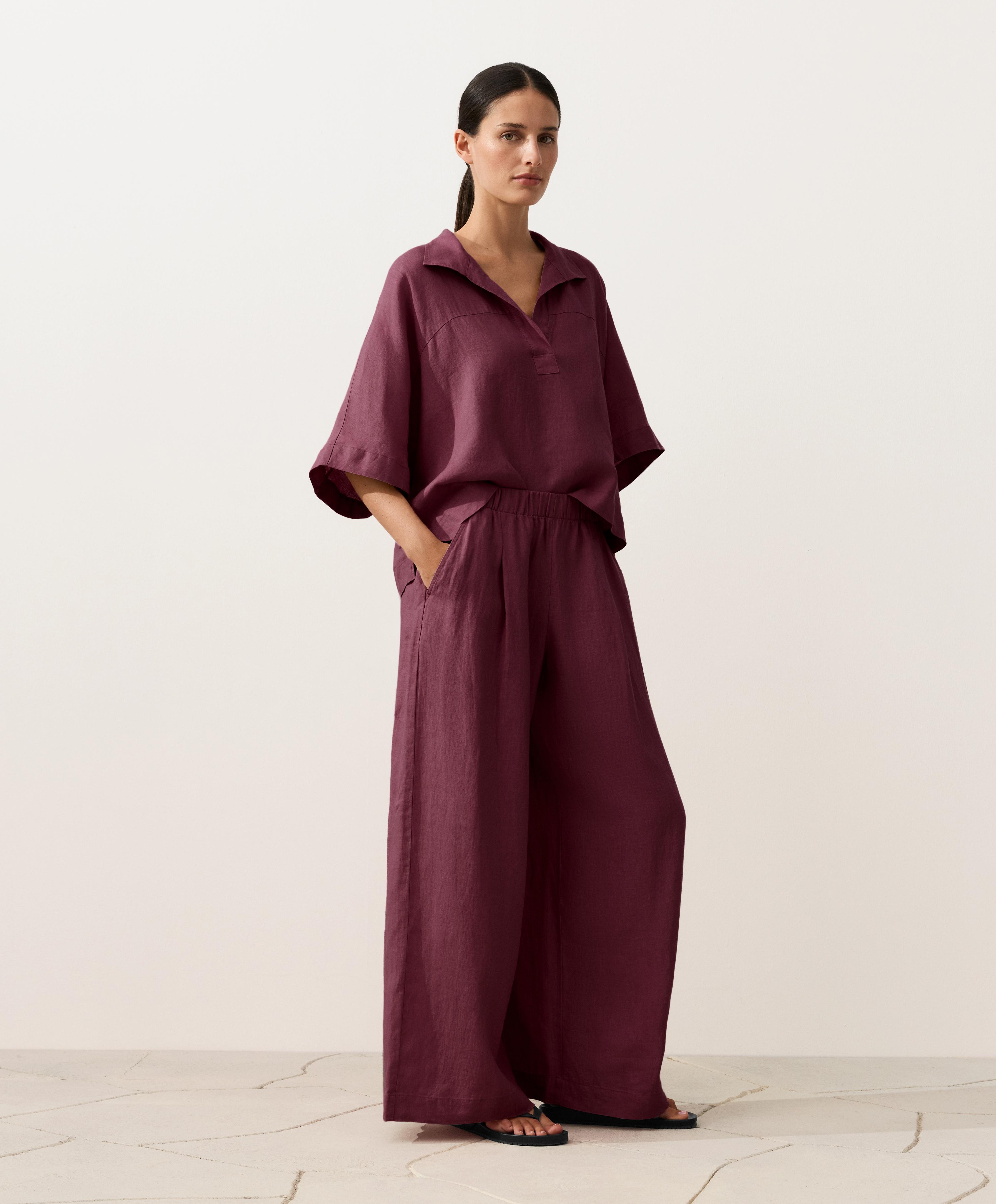 Oversize 100% linen polo shirt — CHERRY