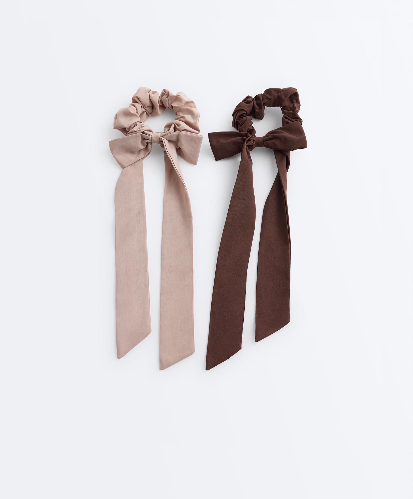 2 long bow hair scrunchies — TAN