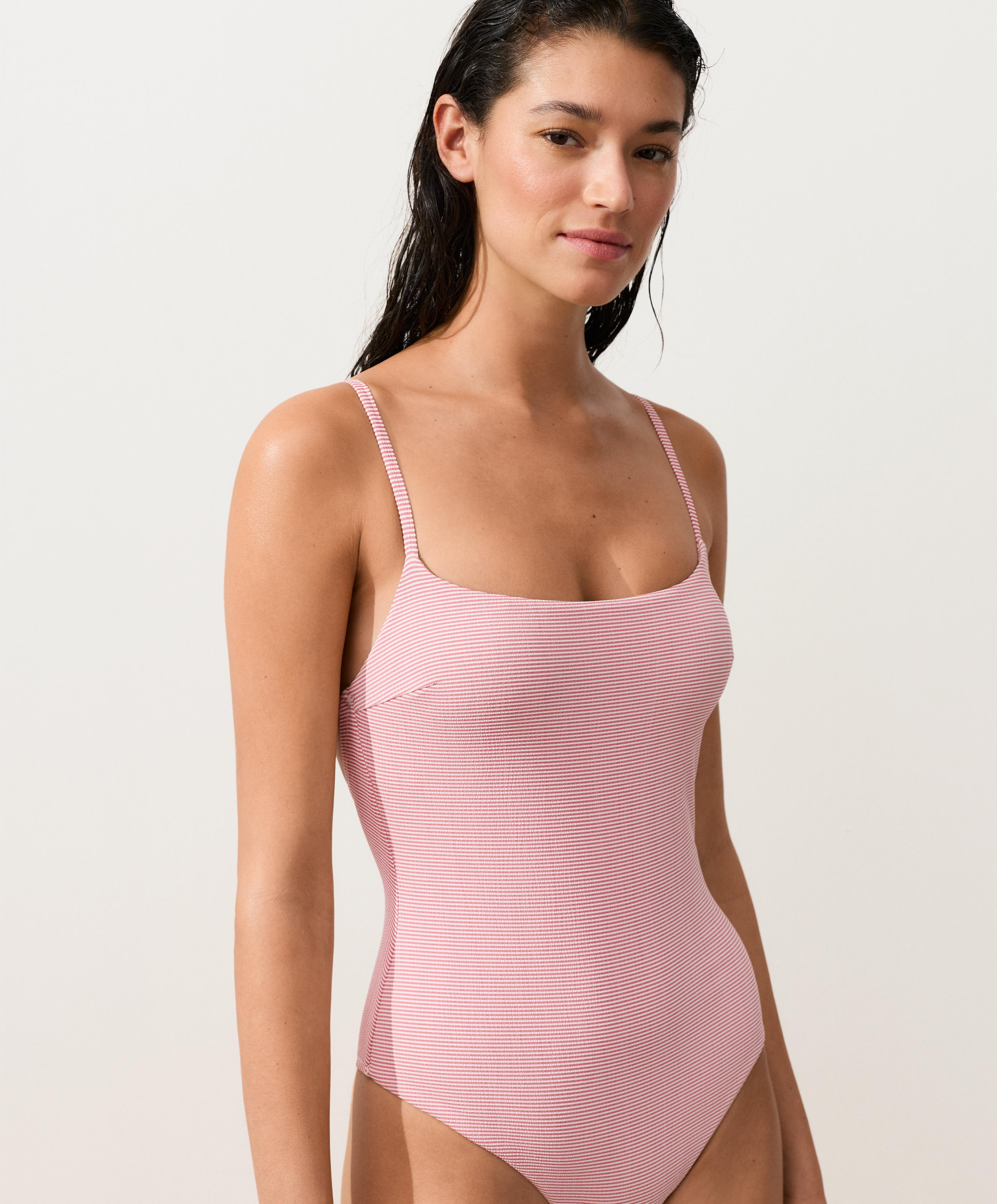 Stripe round neck swimsuit — RED