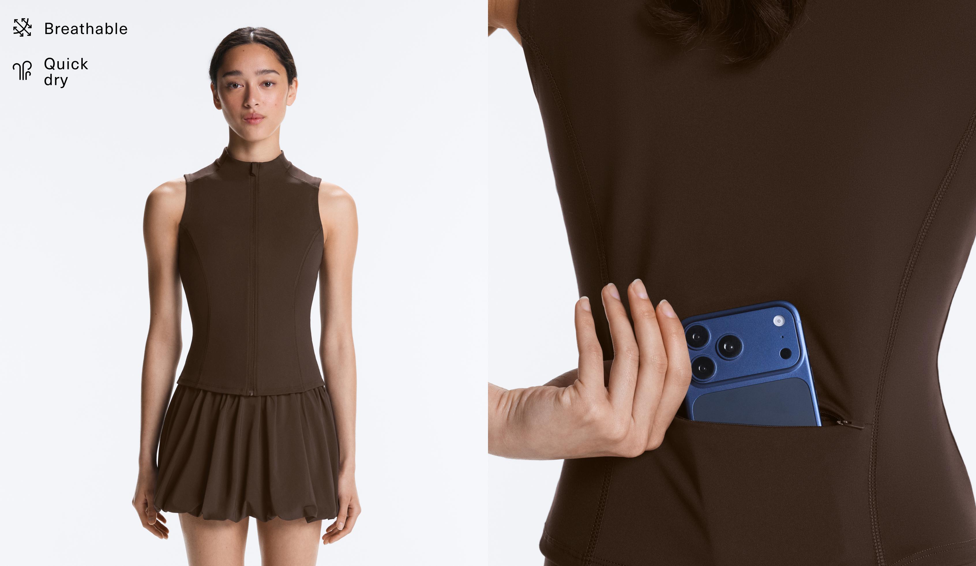 Sleeveless zip T-shirt — DARK BROWN