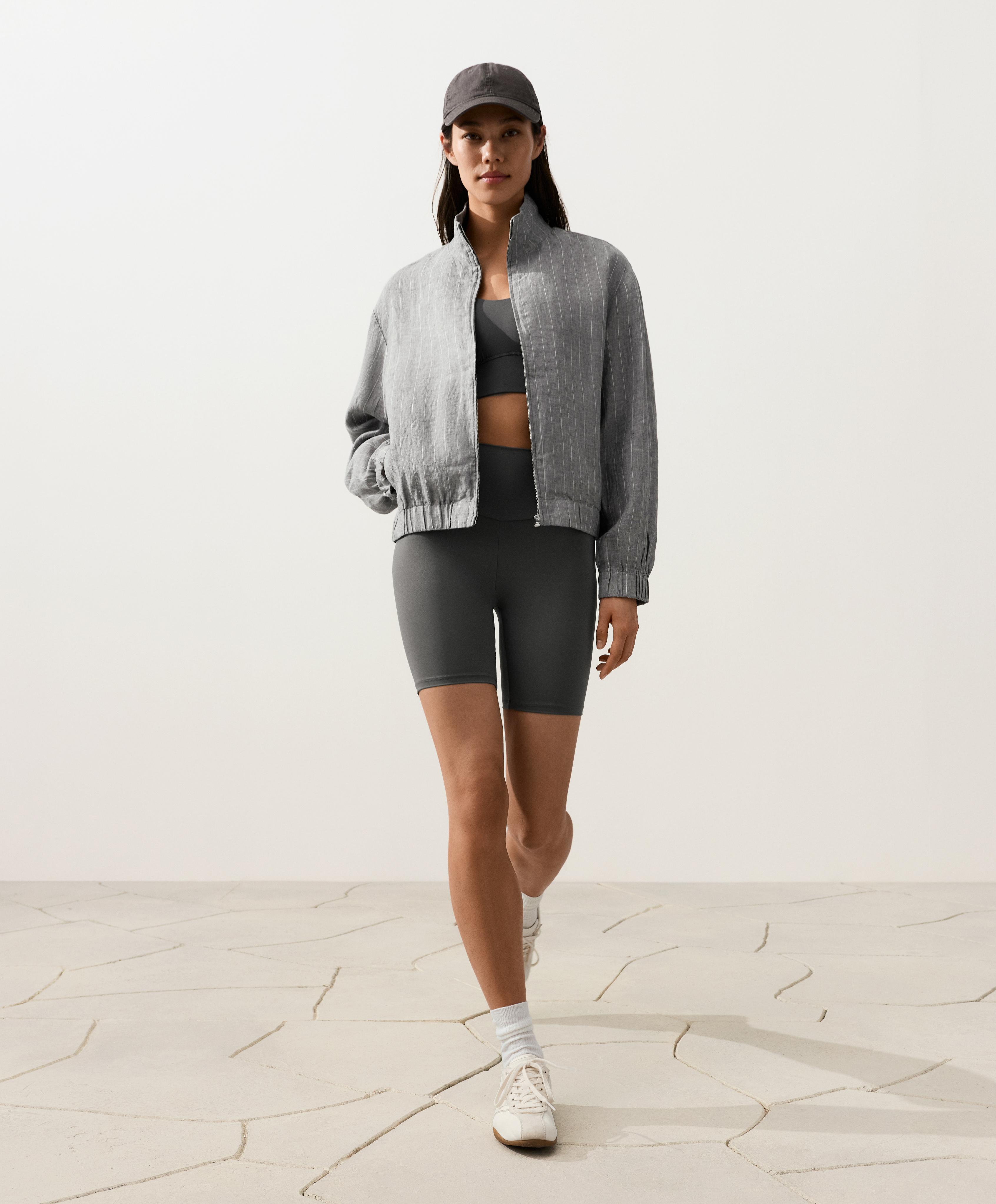 Pinstriped 100% linen high-neck jacket — MID GREY