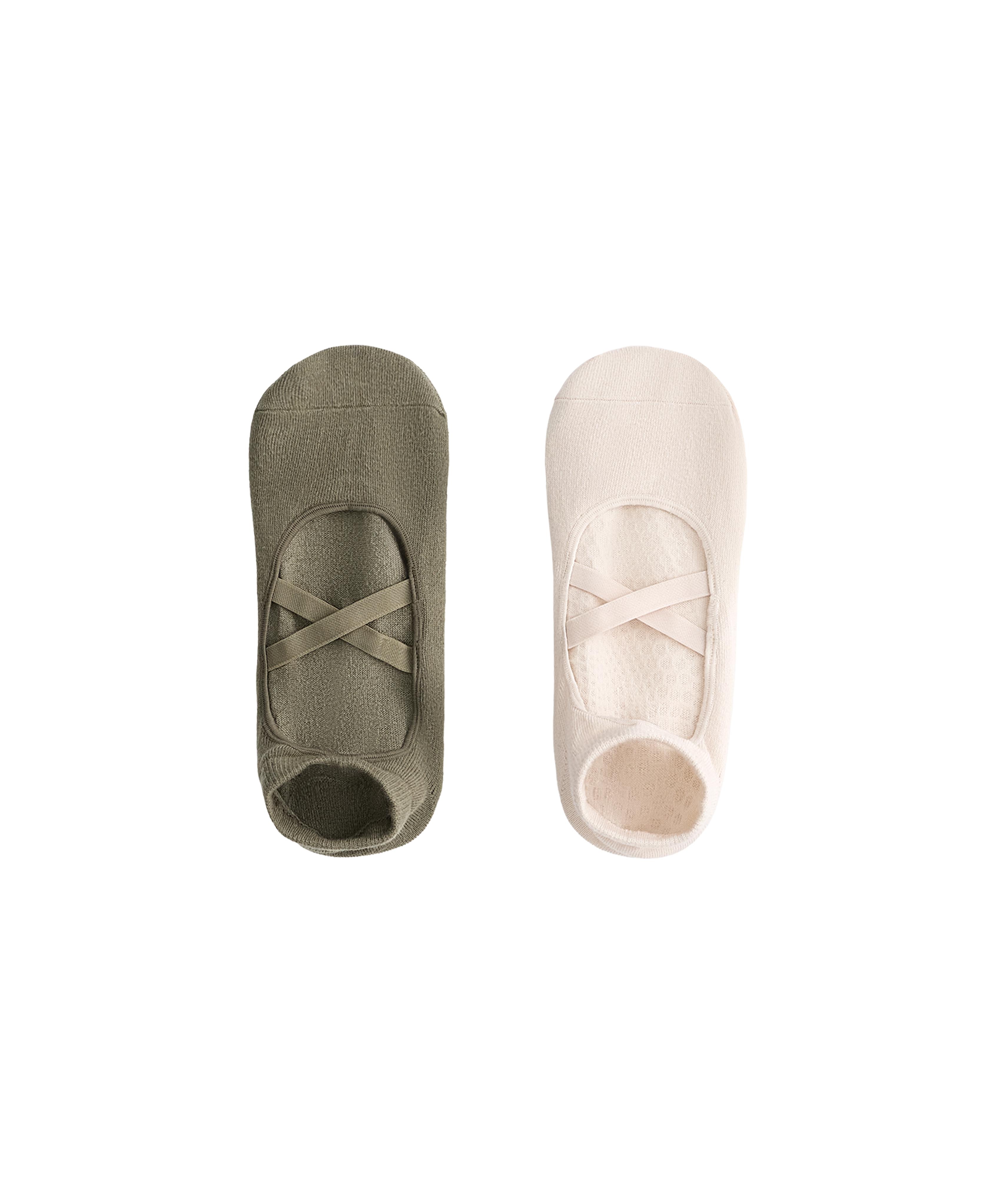 2 pairs of cotton blend sneaker yoga and Pilates socks with crossover straps — OLIVE