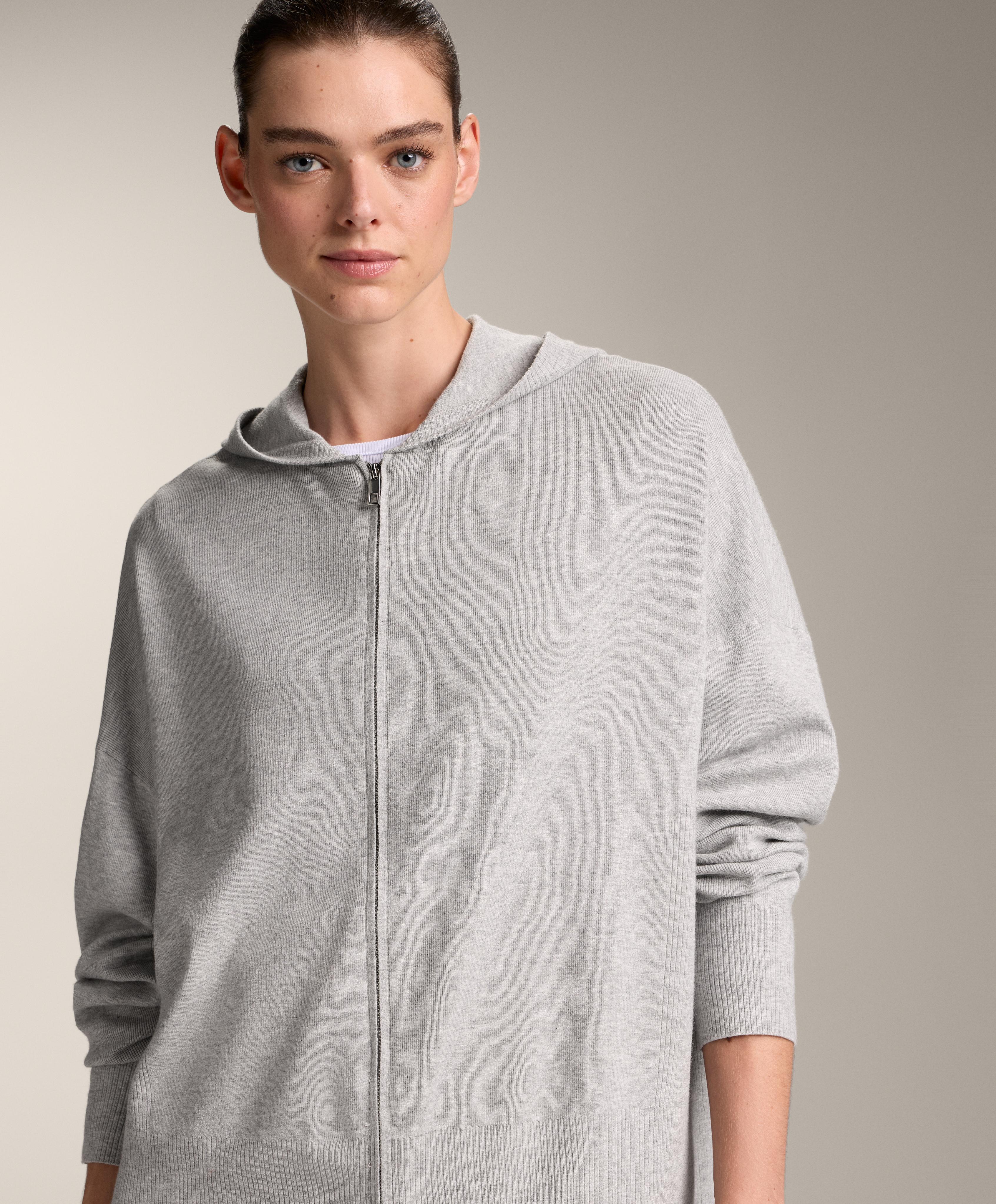 Knit long hooded jacket with rib detail - Sale Knit long hooded jacket with rib detail - Sale