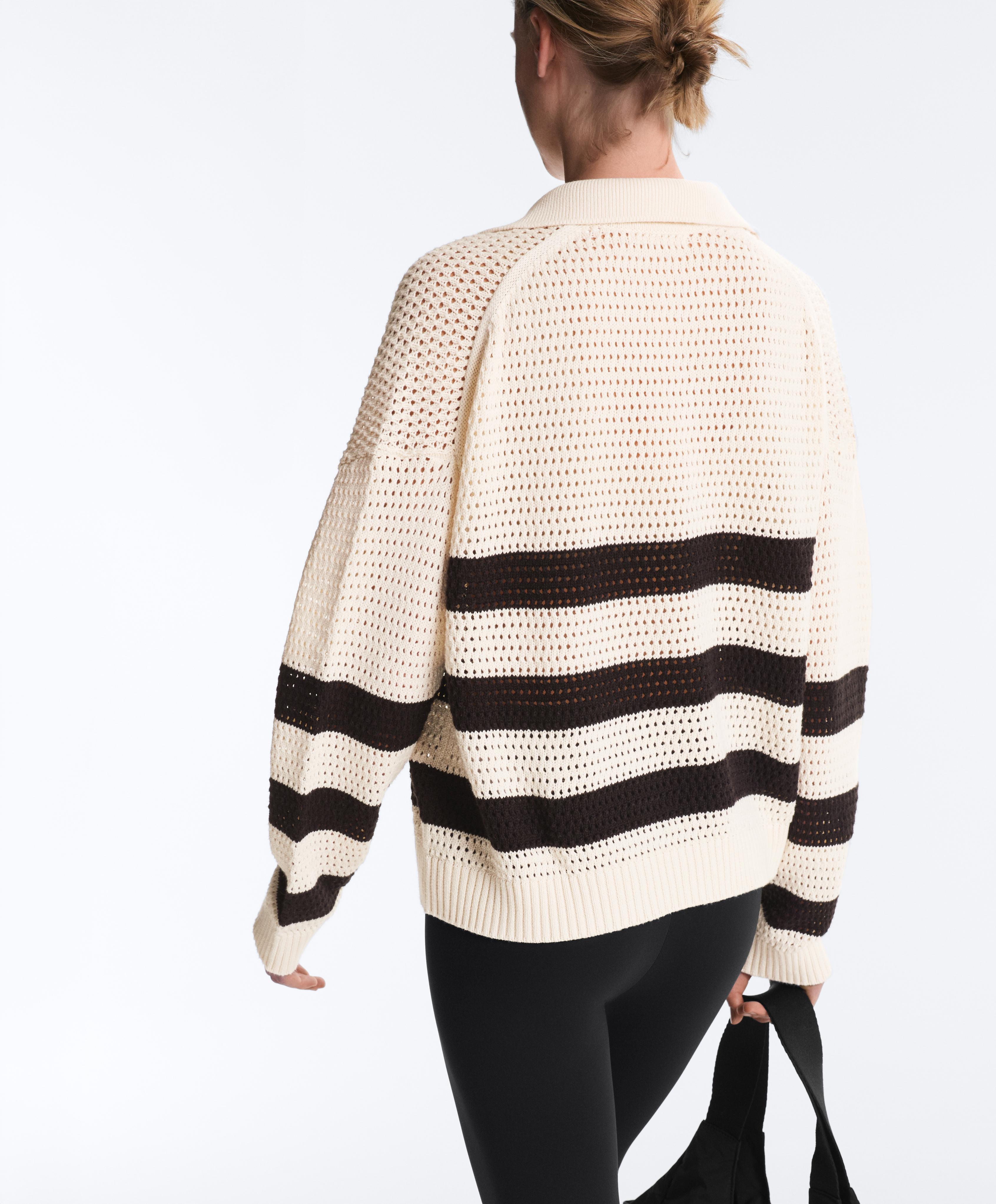 100% cotton striped open knit long-sleeve polo shirt — ECRU