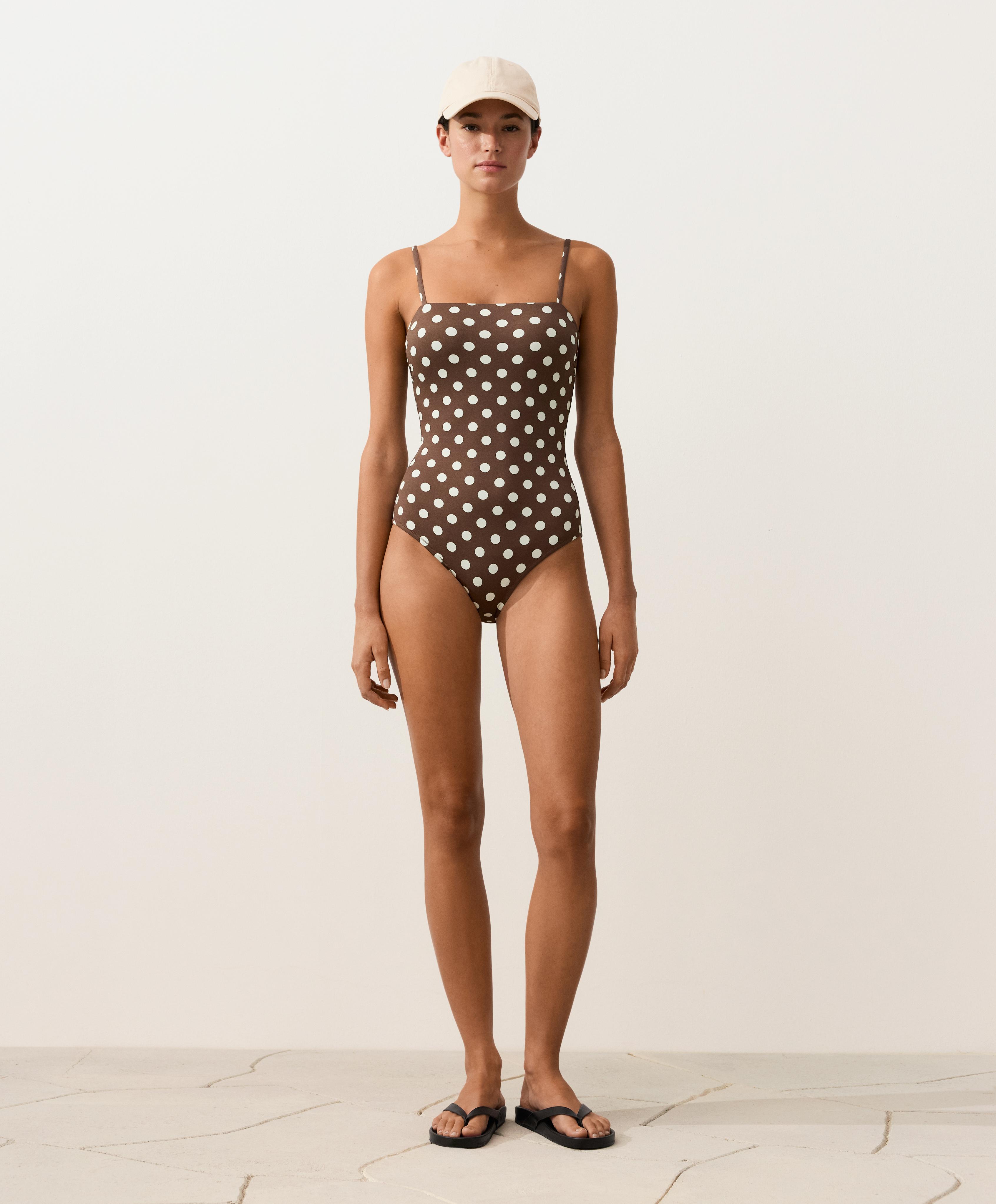 Polka dot piqué bandeau swimsuit