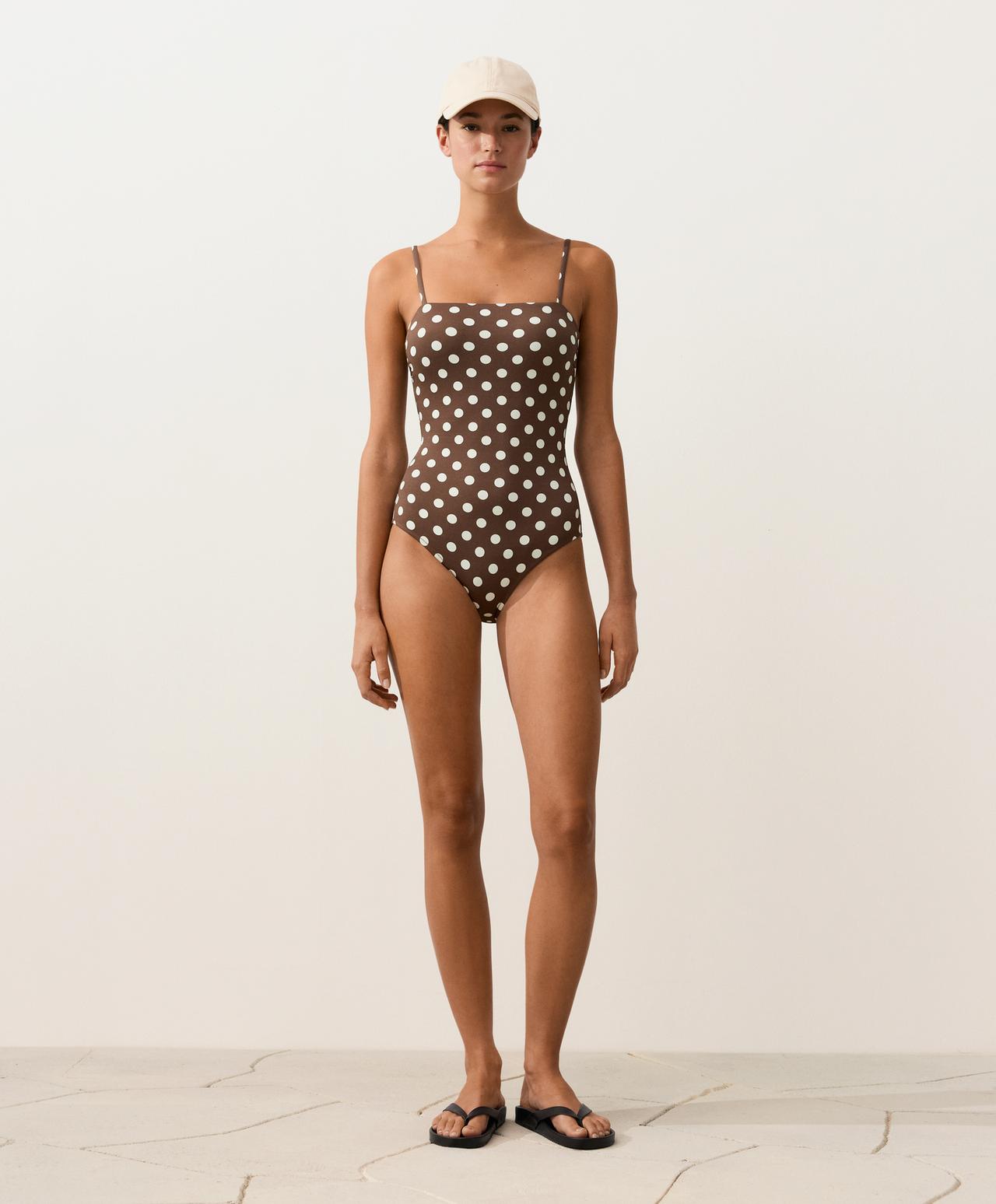 Polka dot piqué bandeau swimsuit — BROWN