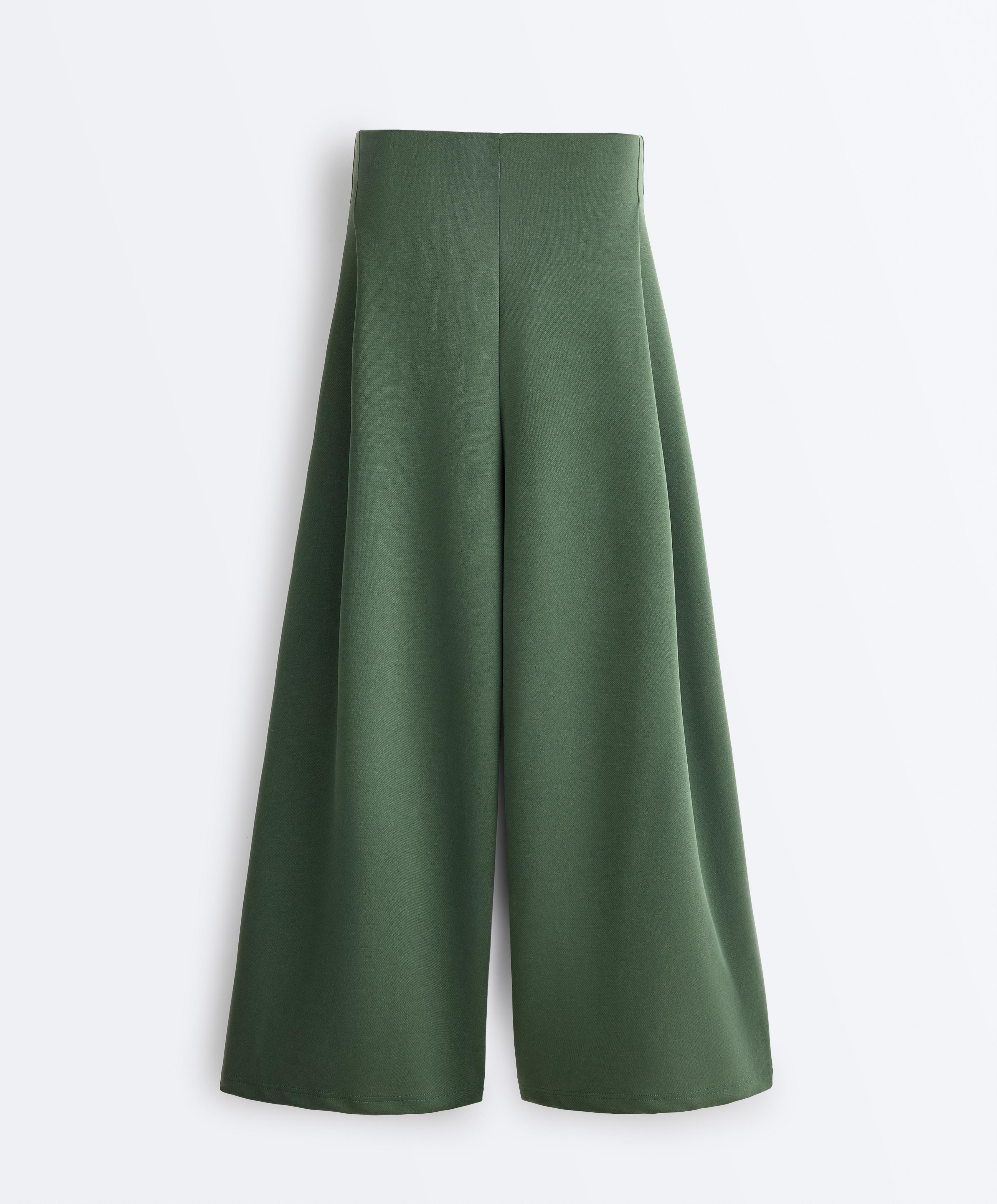 High rise twill wide-leg trousers with pleats — GREEN