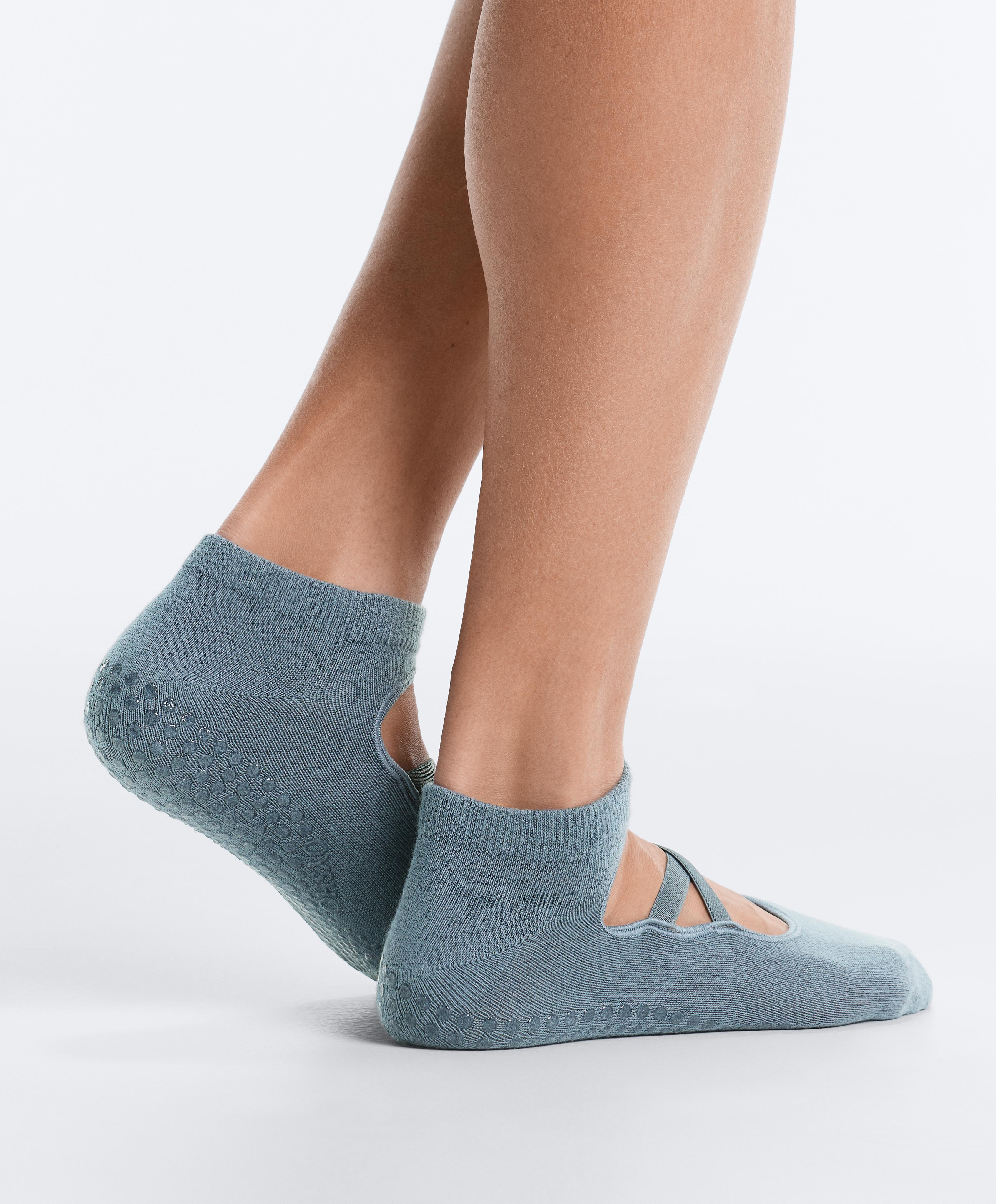 2 pairs of cotton blend yoga and Pilates socks with crossover straps — DARK GREY-BLUE