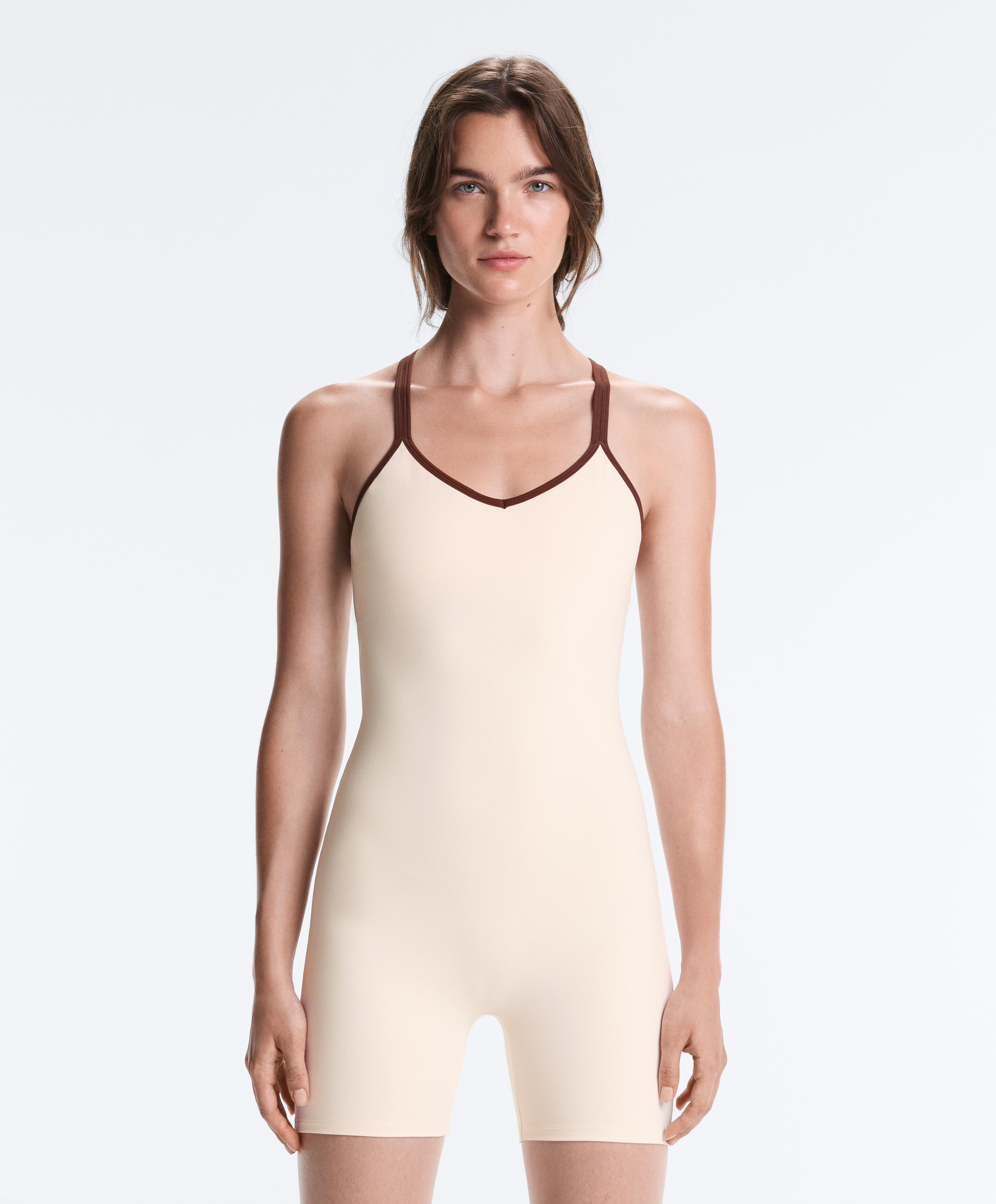 Comfortlux short jumpsuit with contrast double straps — PALE ECRU