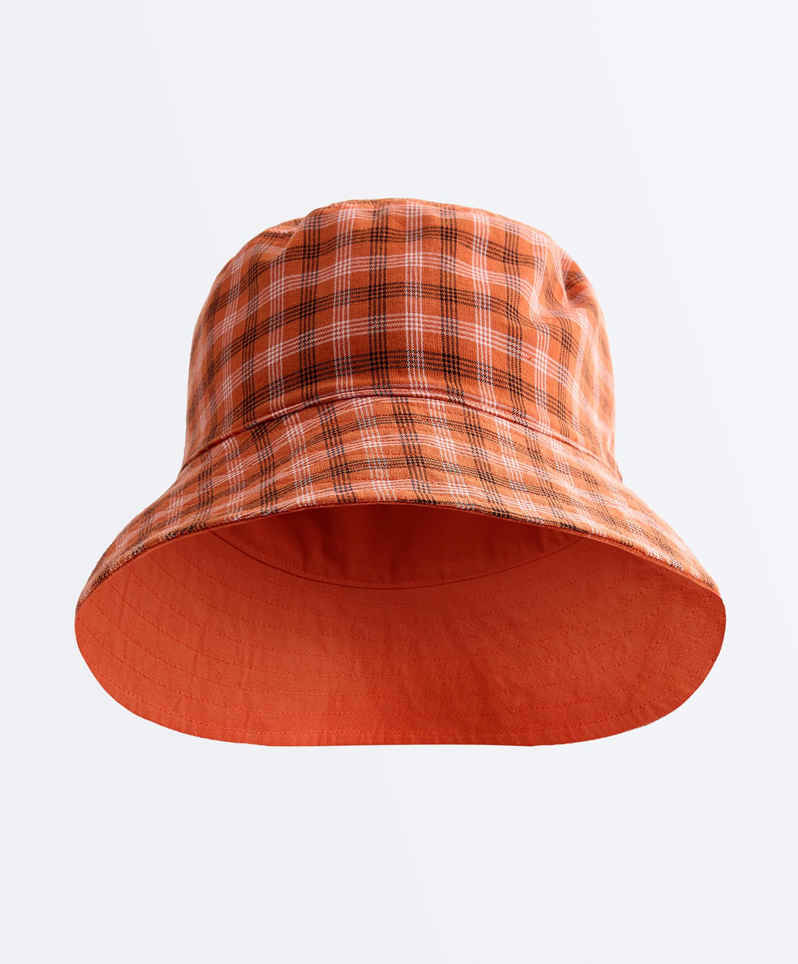 Reversible cotton blend check bucket hat — BRIGHT ORANGE