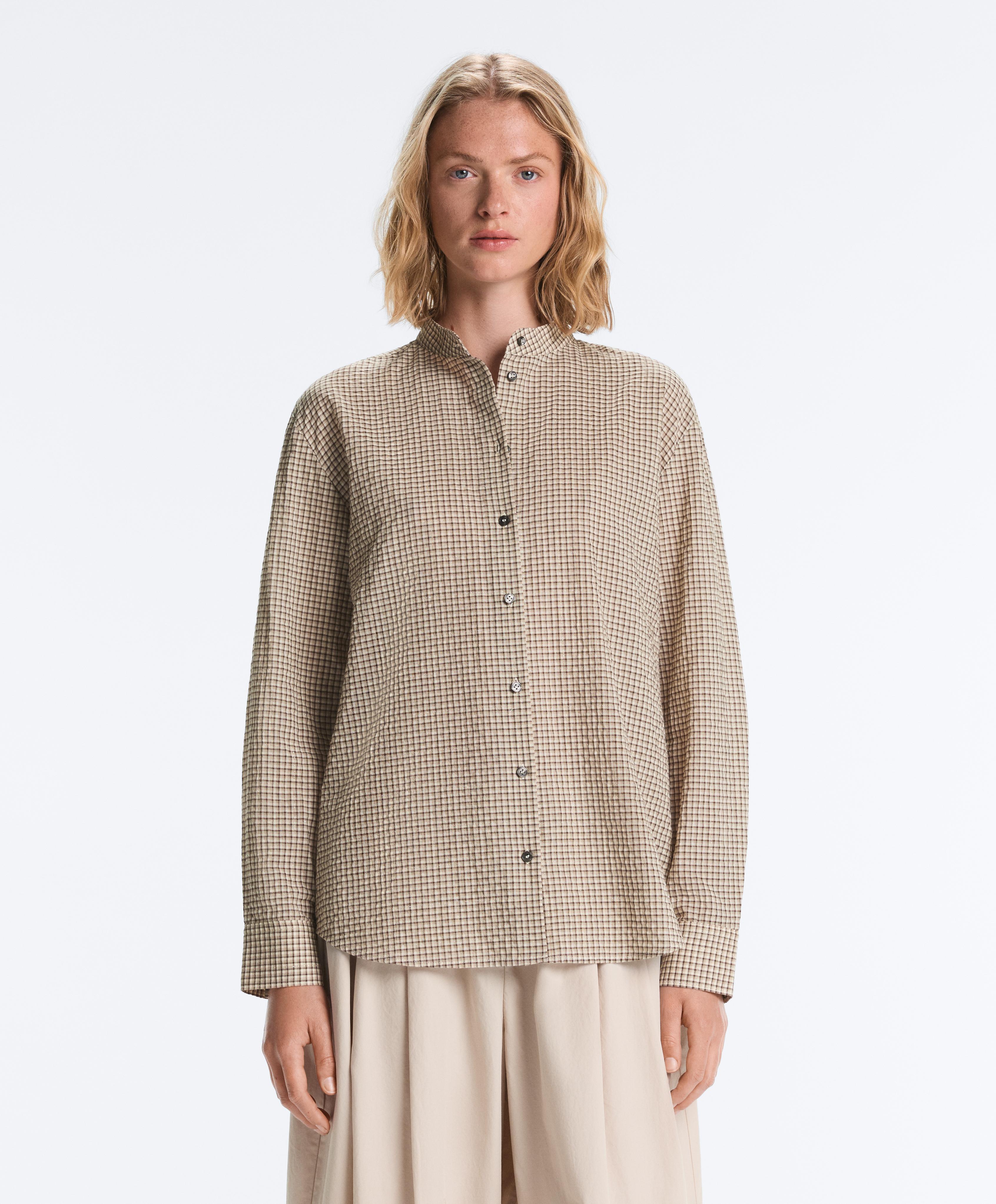 Check cotton blend stand-up collar shirt — BEIGE