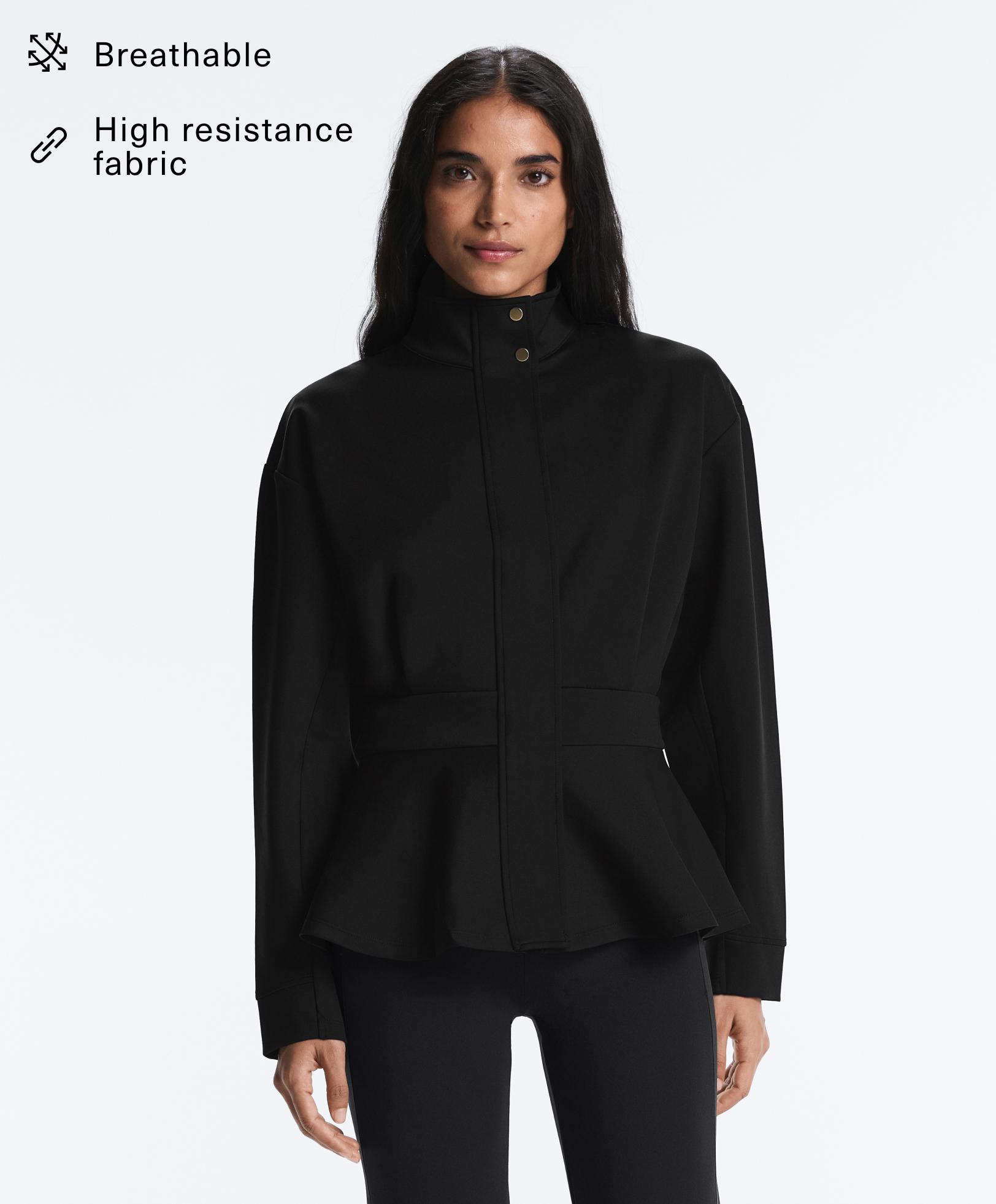Neoprene-effect peplum jacket — BLACK