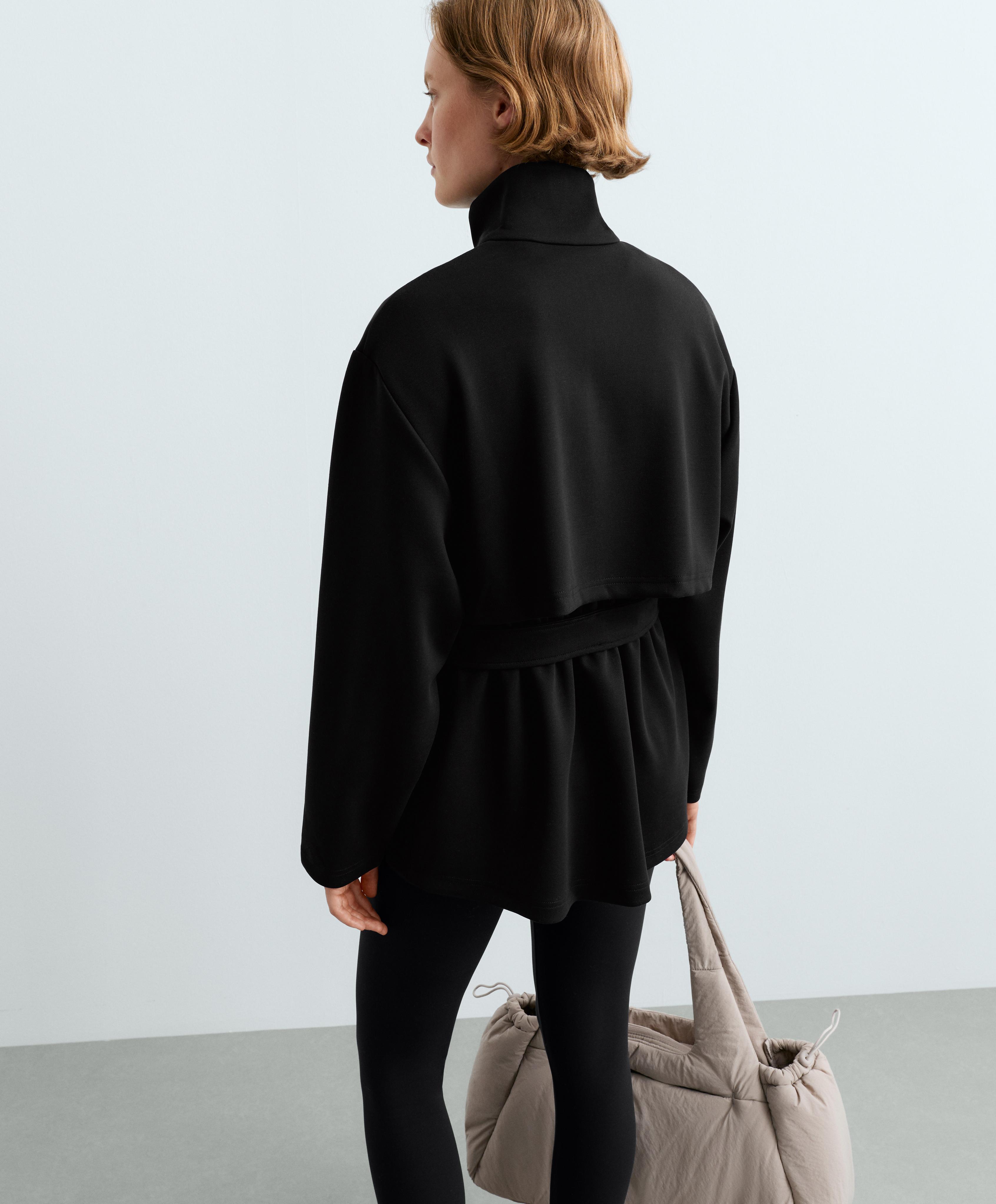 Long piqué jacket with belt — BLACK