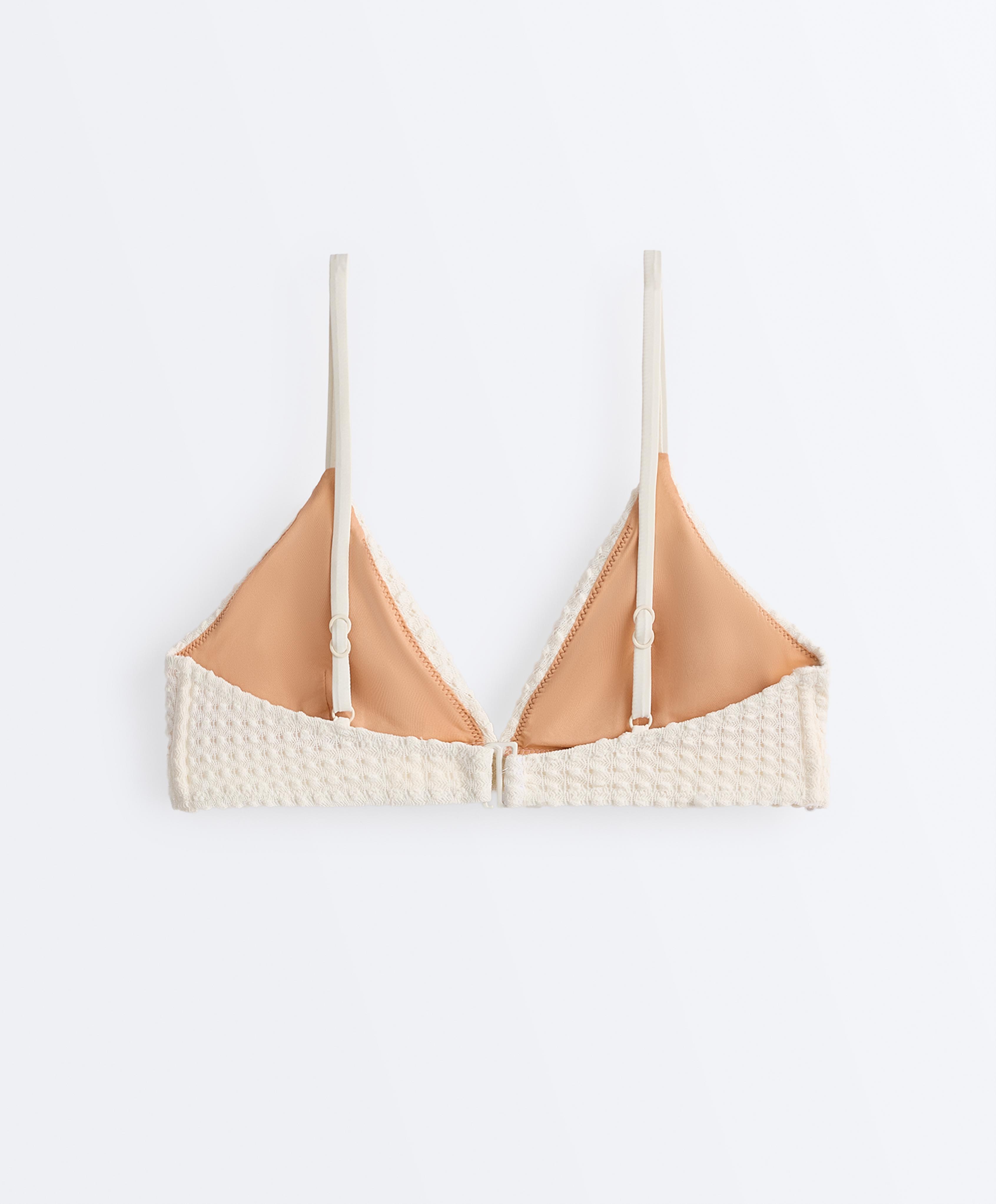 Bubble-texture crochet triangle bikini top — ECRU