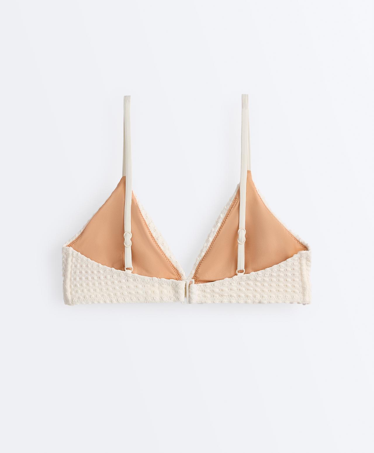 Bubble-texture crochet triangle bikini top — ECRU