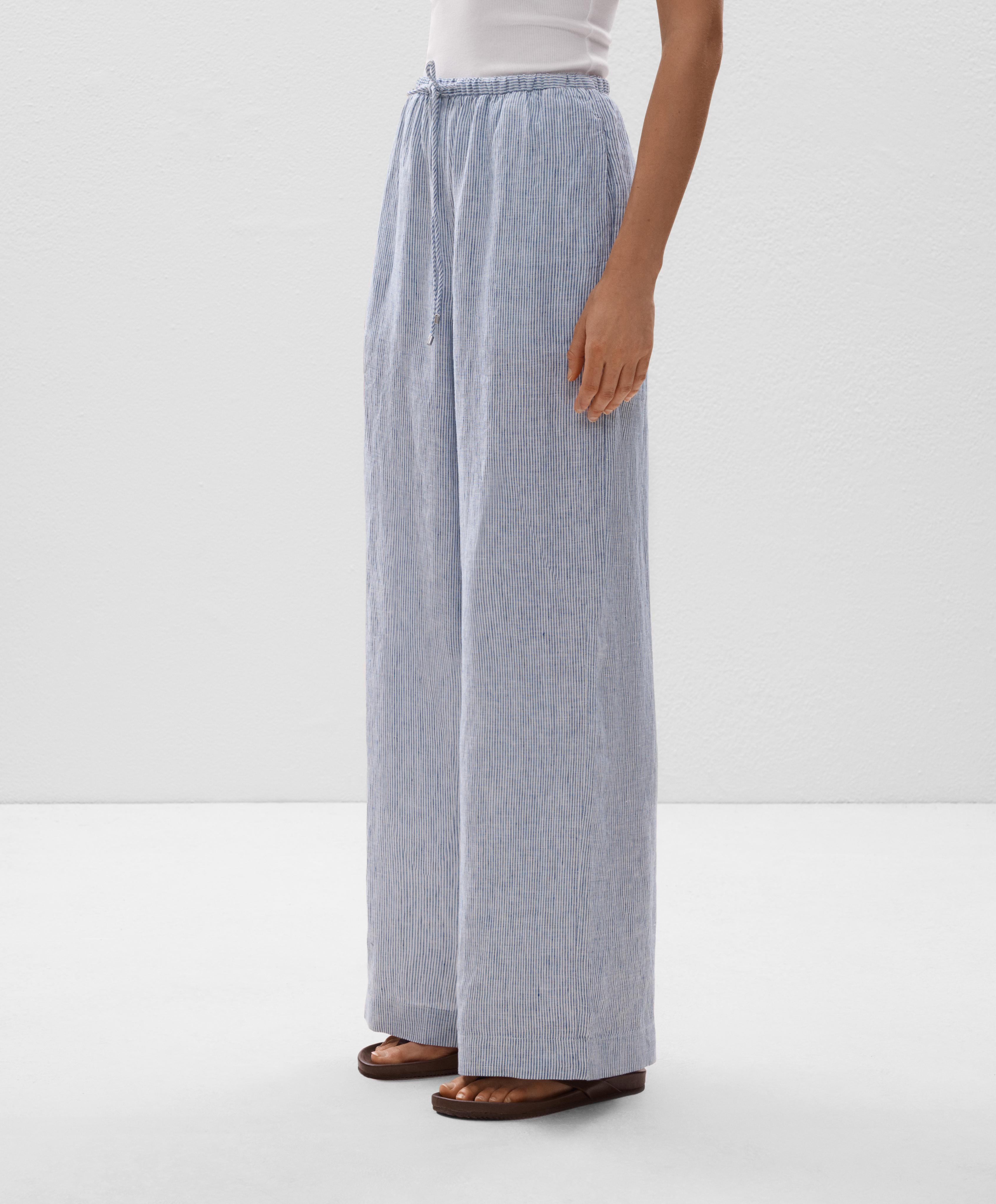 Široke ravne pantalone sa prugama od 100% lana Široke ravne pantalone sa prugama od 100% lana