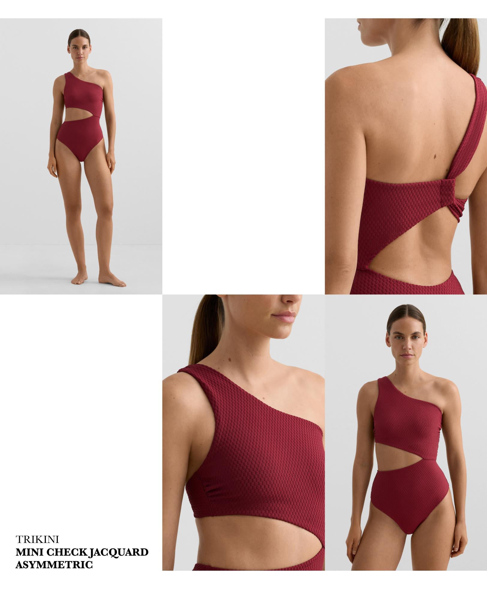 Mini check jacquard asymmetric trikini — PALE PLUM