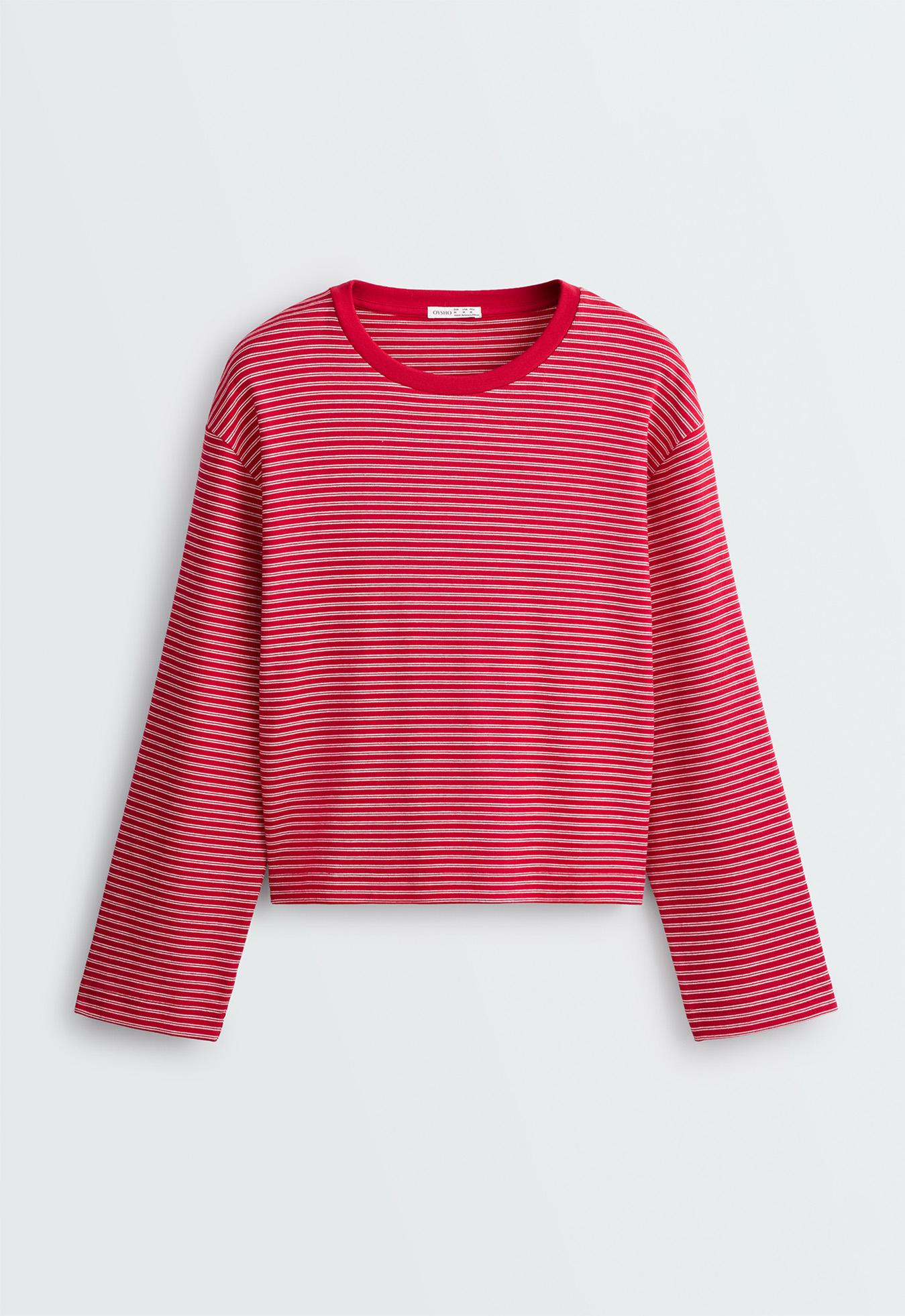 Striped boxy long-sleeved cotton-blend T-shirt — RED
