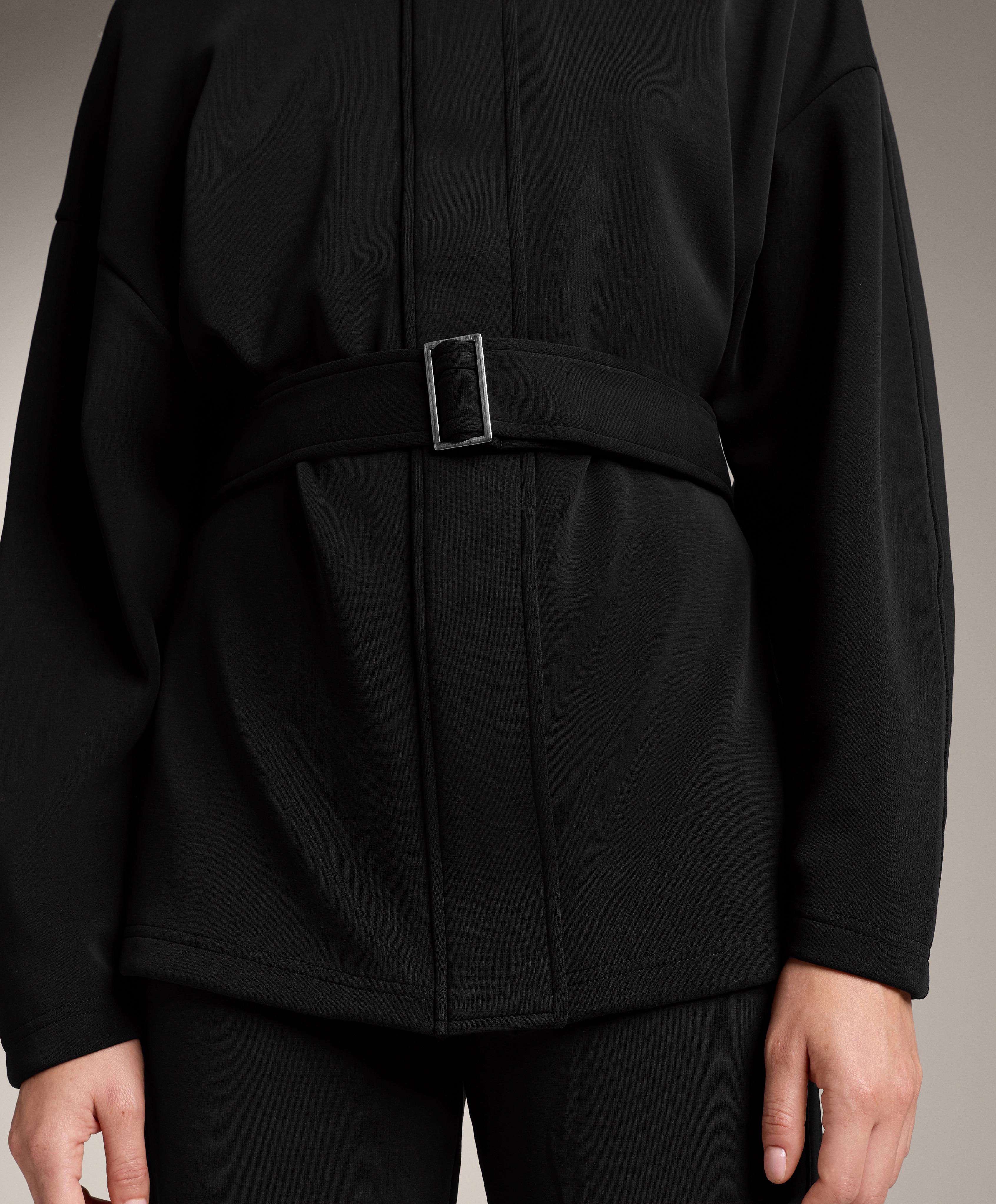 Long belted jacket with brushed modal — BLACK