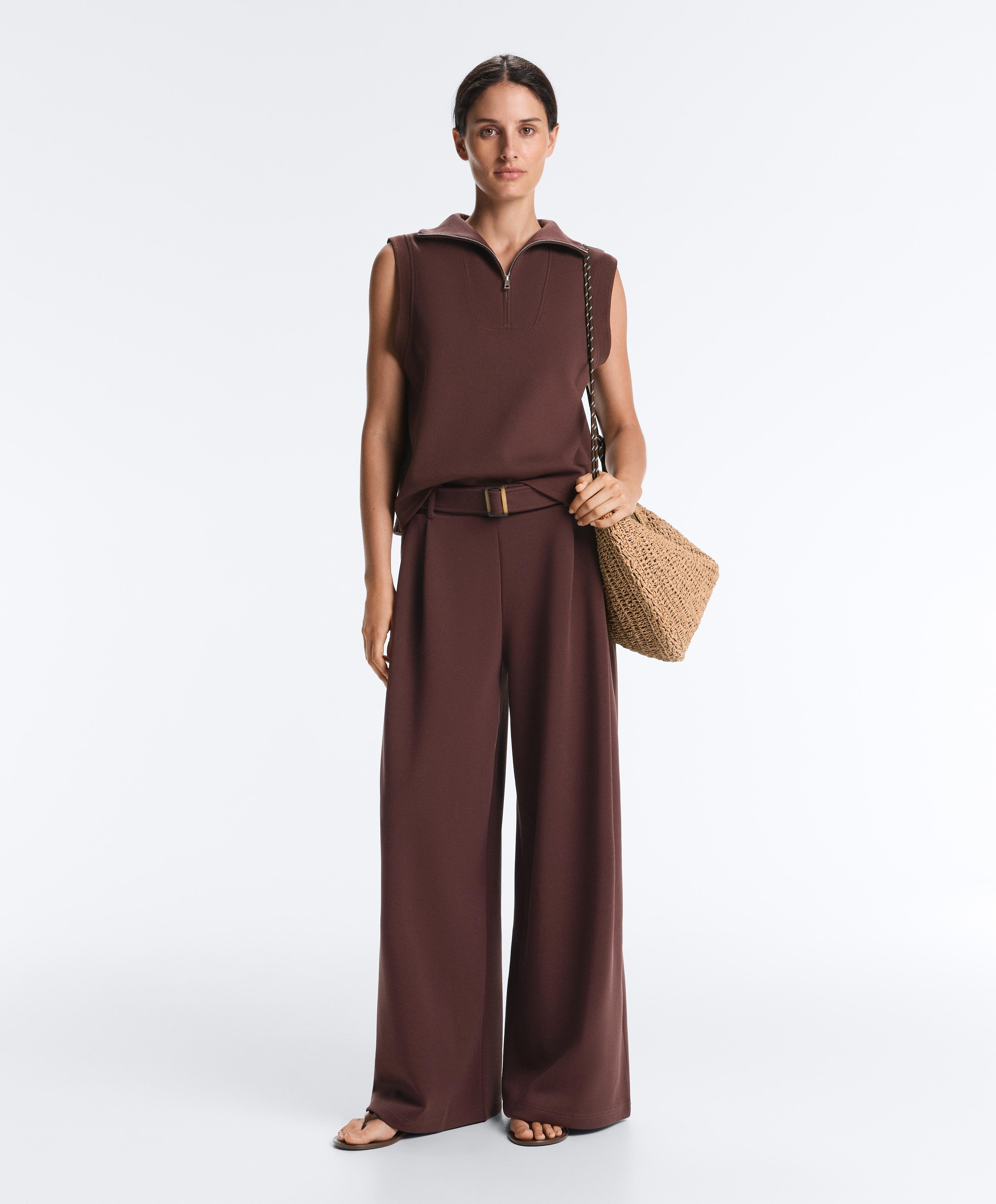 Wide-leg cotton piqué belted trousers — CHOCOLATE