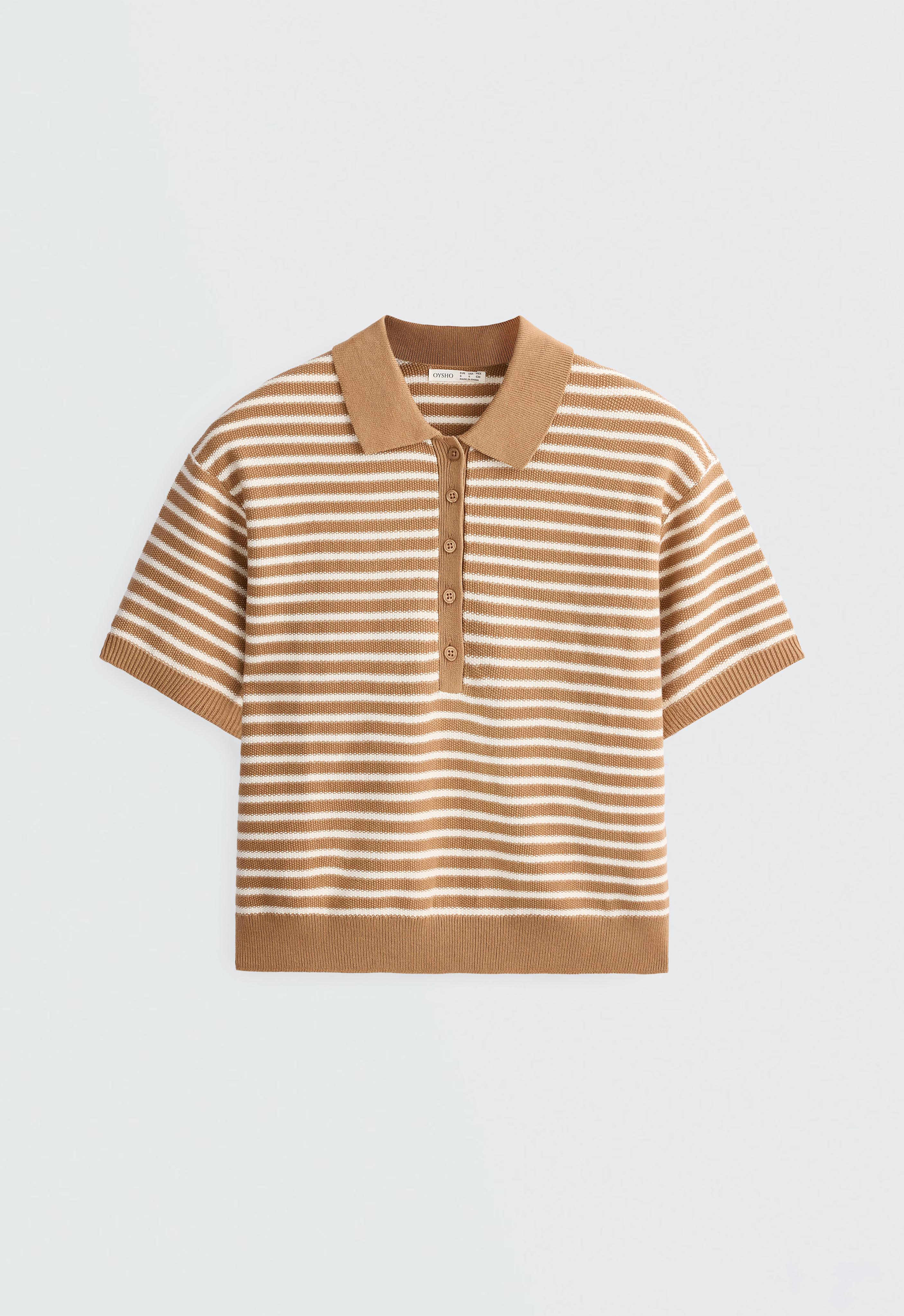 100% cotton striped knit polo shirt — PALE ECRU