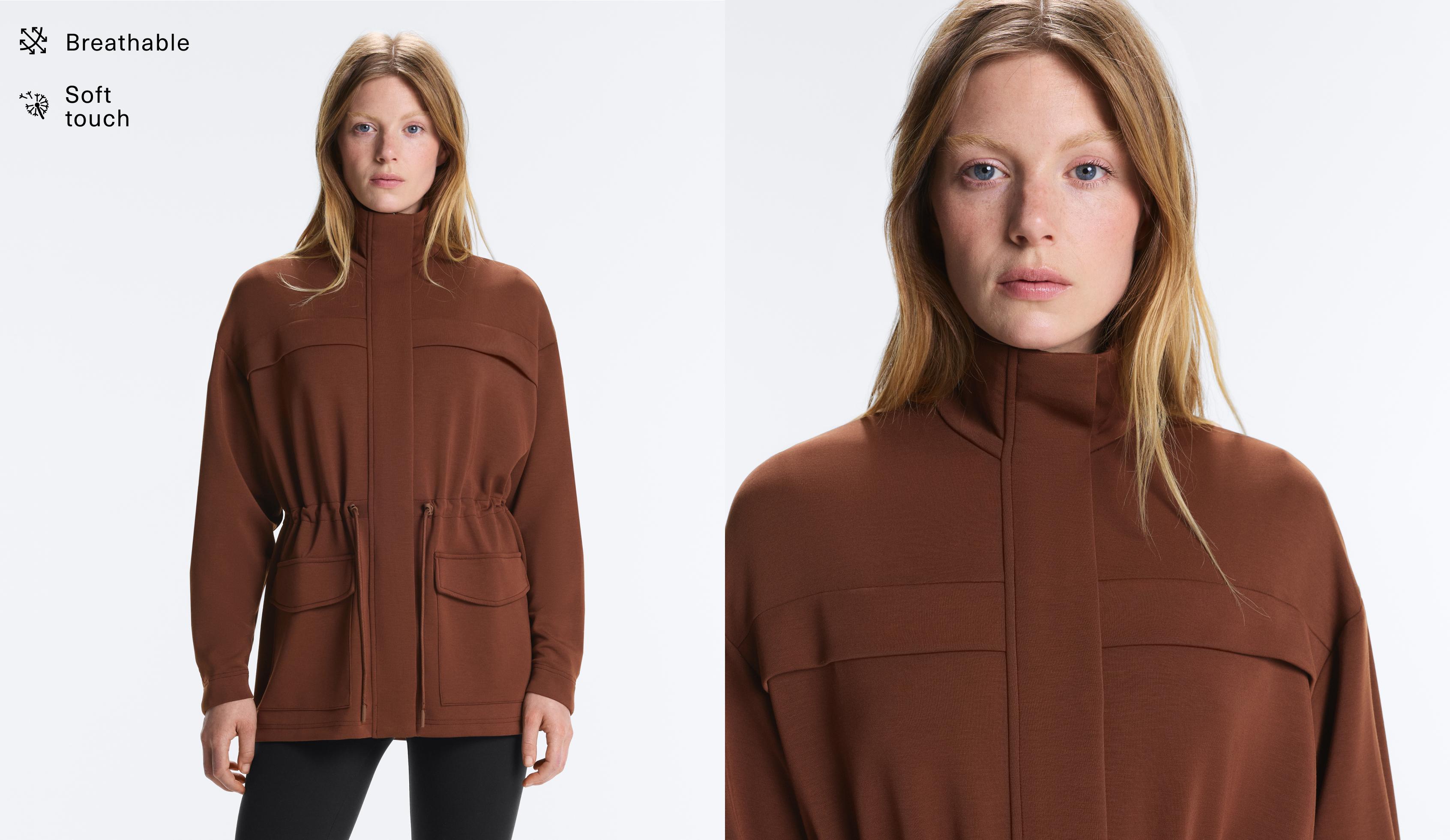 Long soft-touch modal jacket with pockets — COFFEE