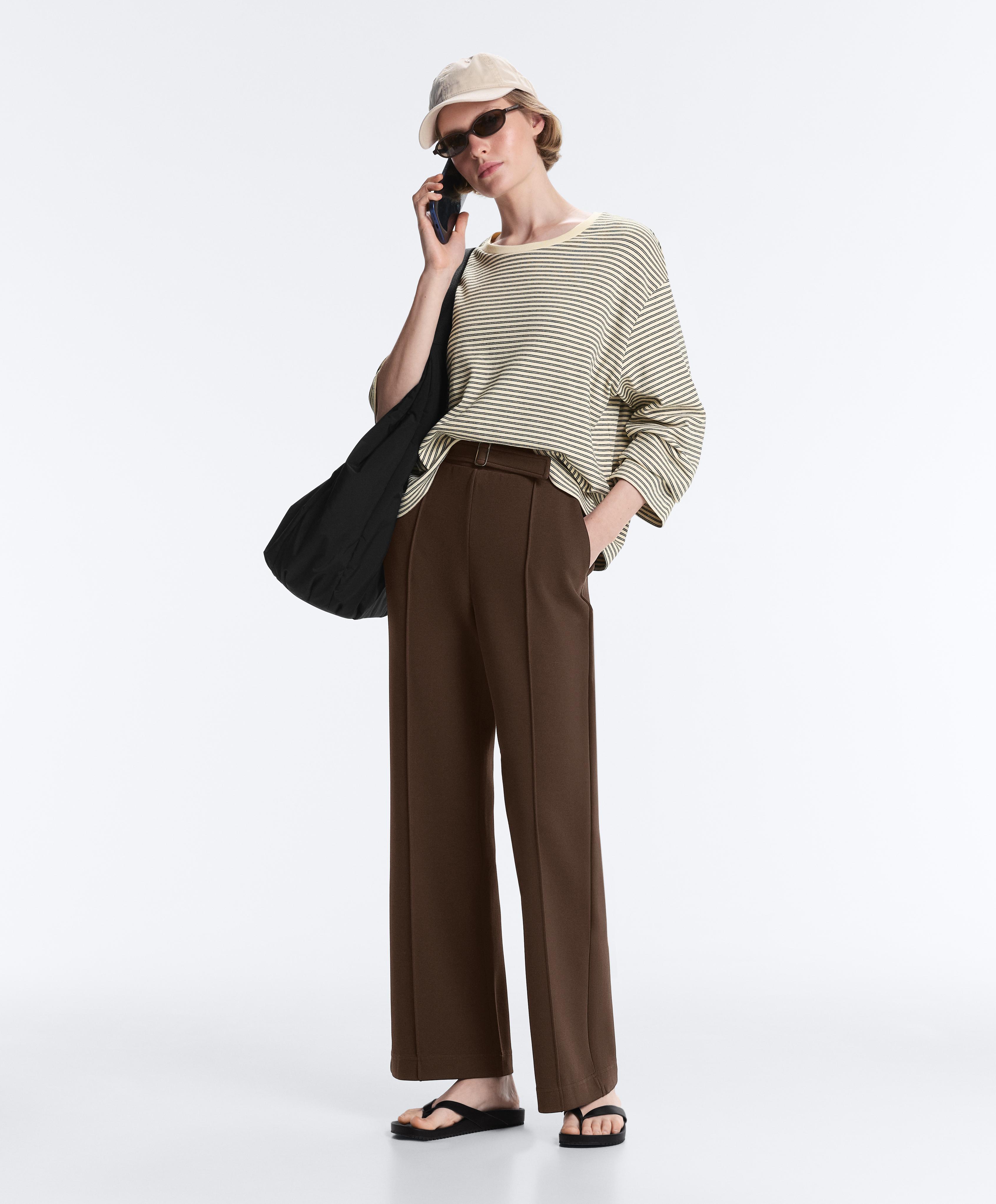 Low-rise slim pique trousers with cotton — DARK BROWN