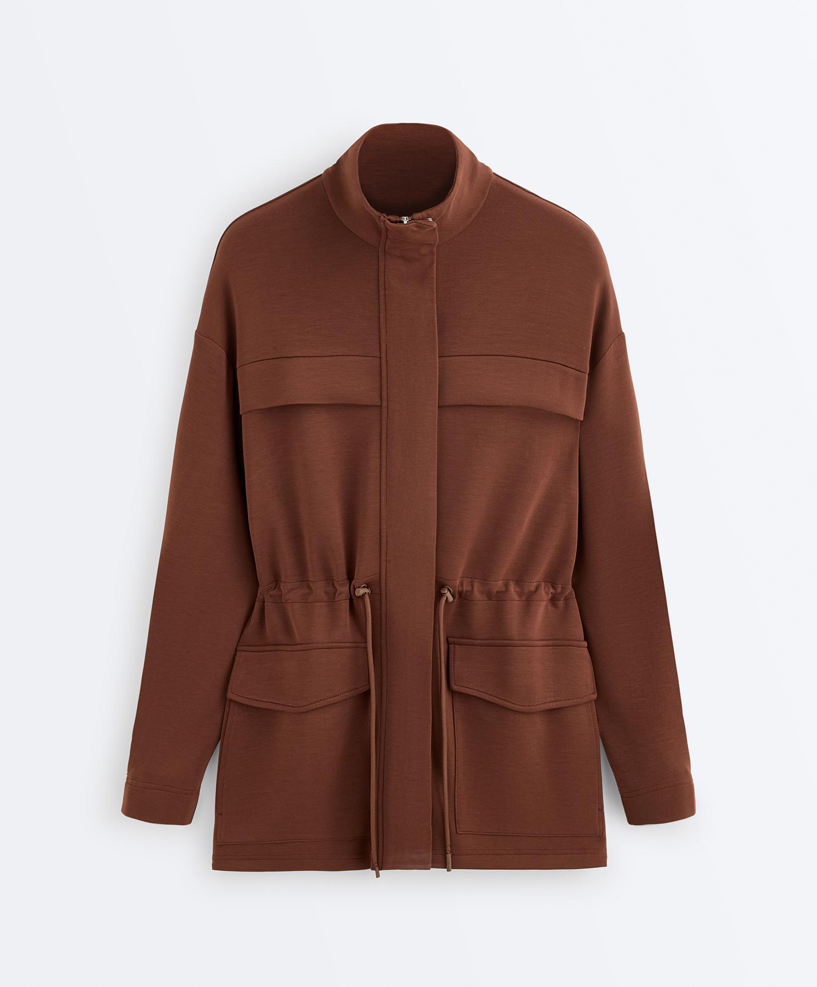 Long soft-touch modal jacket with pockets — COFFEE