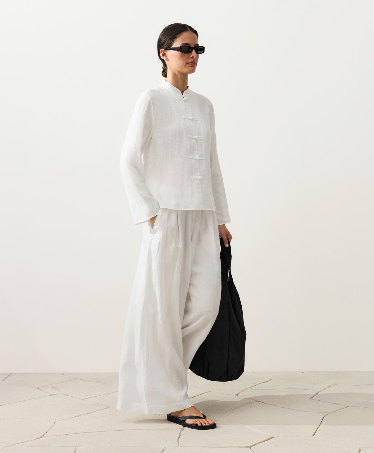 100% linen stand-up collar shirt — WHITE 
