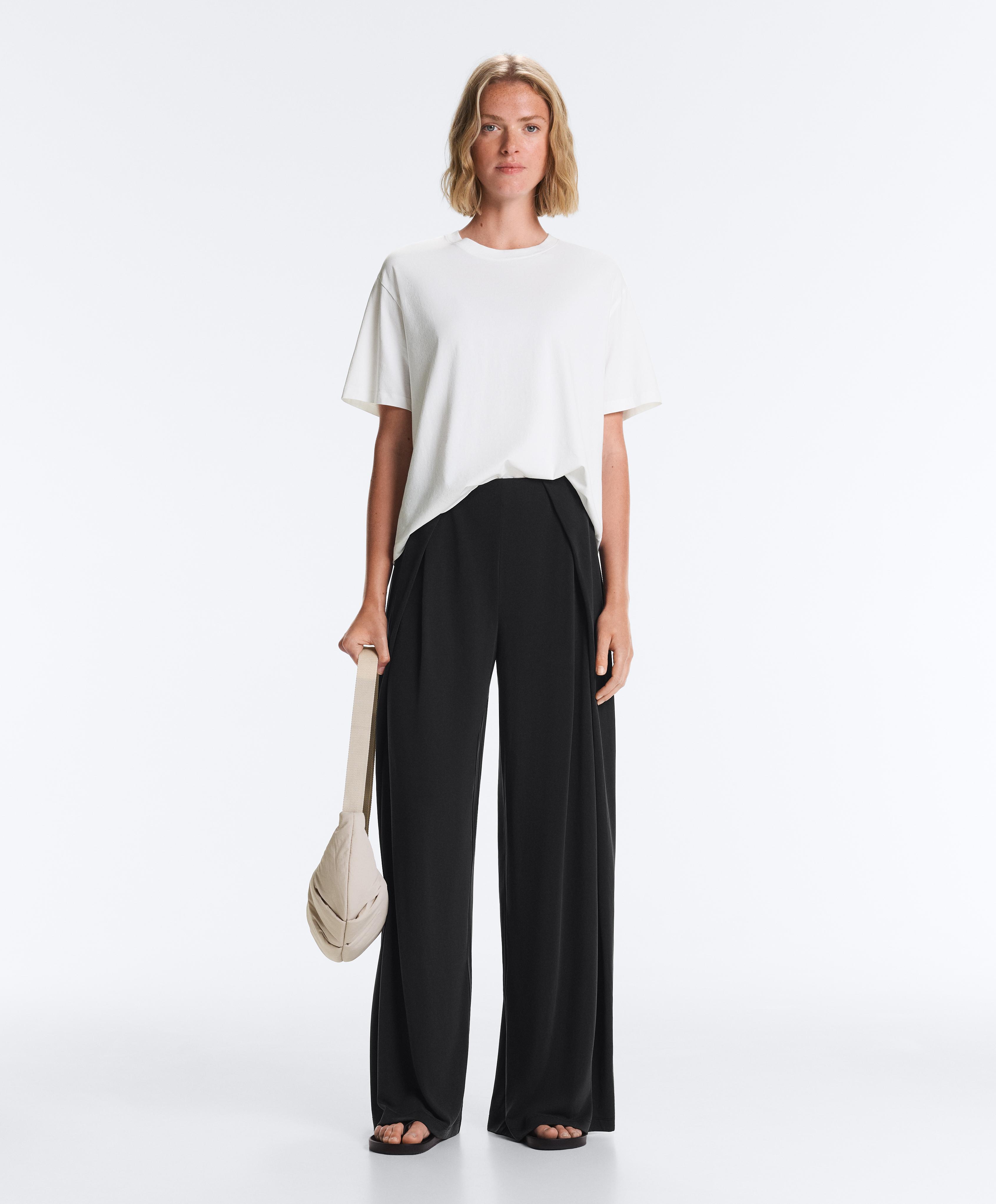Modal blend straight-leg trousers with side pleat — BLACK
