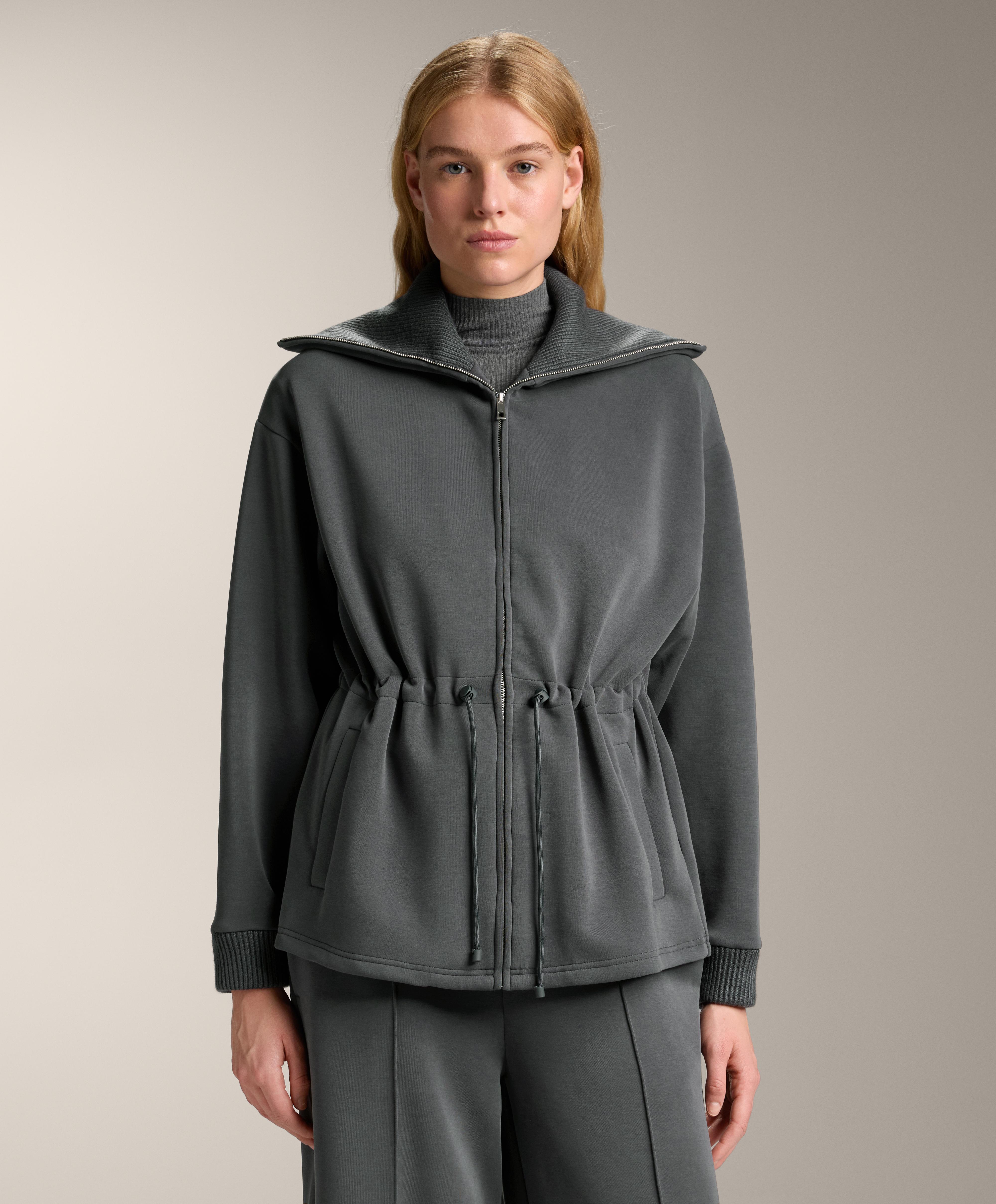Long brushed modal jacket with adjustable waist and tricot collar Long brushed modal jacket with adjustable waist and tricot collar
