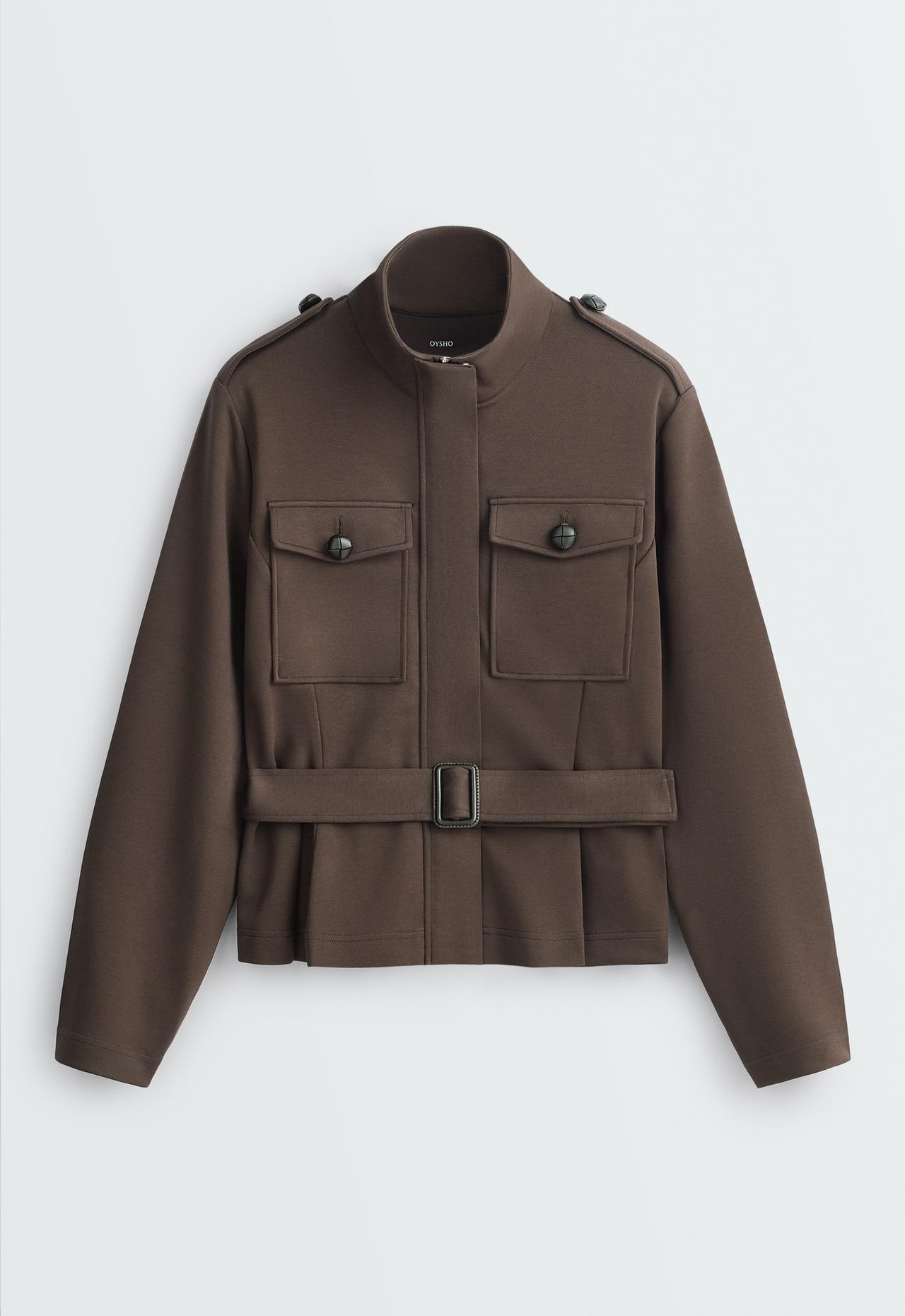 Short cotton piqué jacket with belt — BROWN