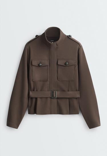 Short cotton piqué jacket with belt — BROWN 6