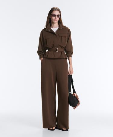Cropped piqué utility jacket with belt — DARK BROWN 3