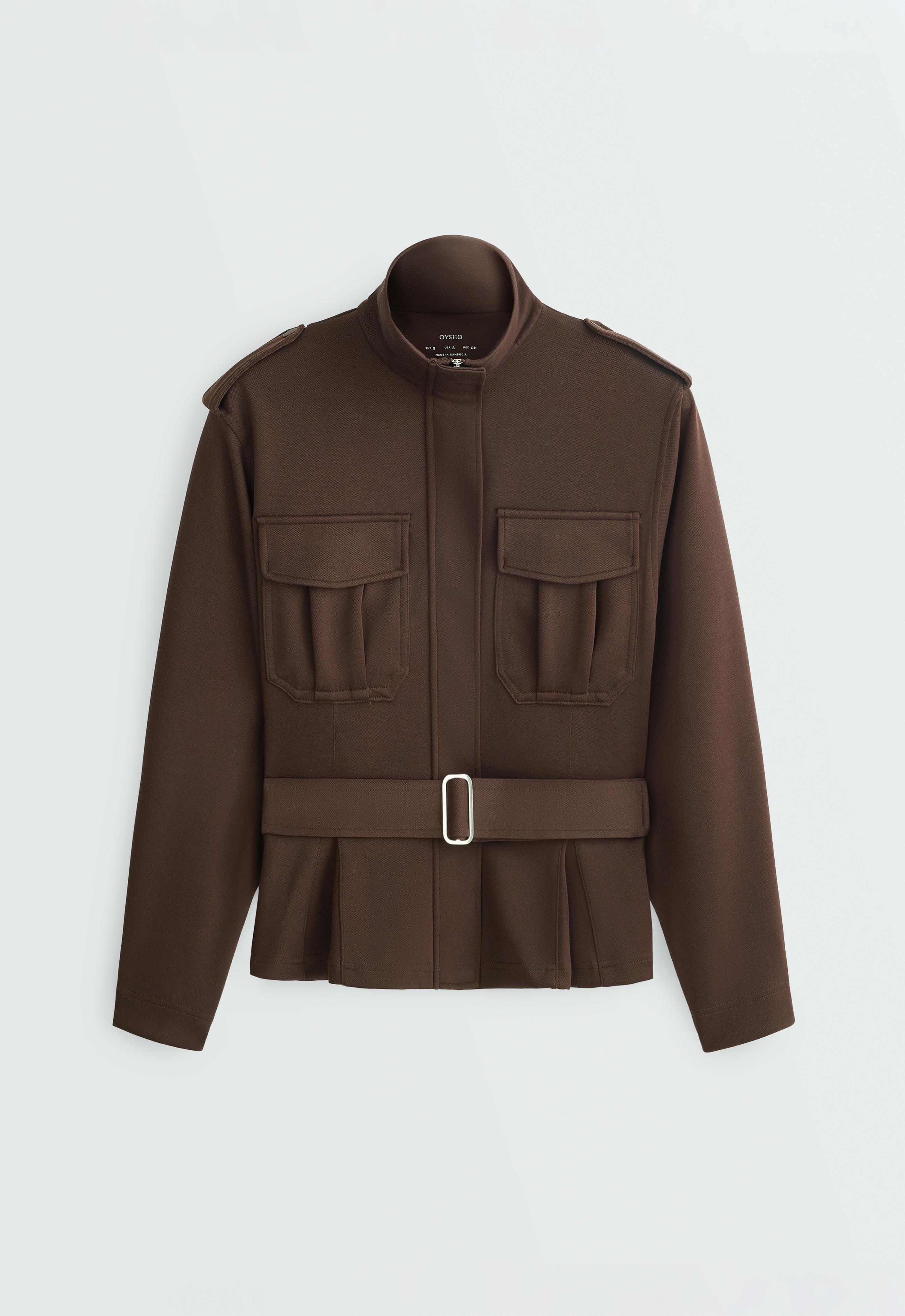Cropped piqué utility jacket with belt — DARK BROWN