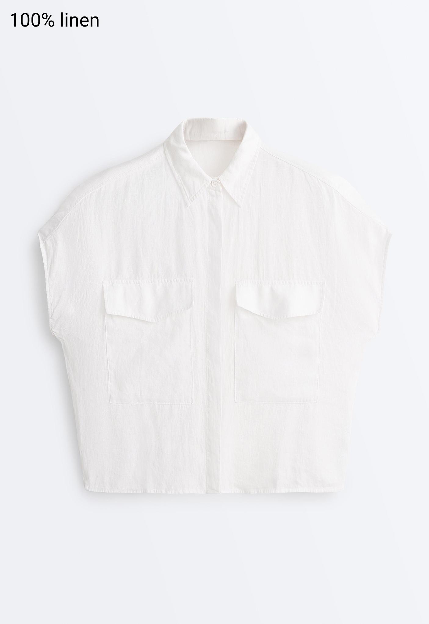 100% linen collared shirt with pockets — WHITE 