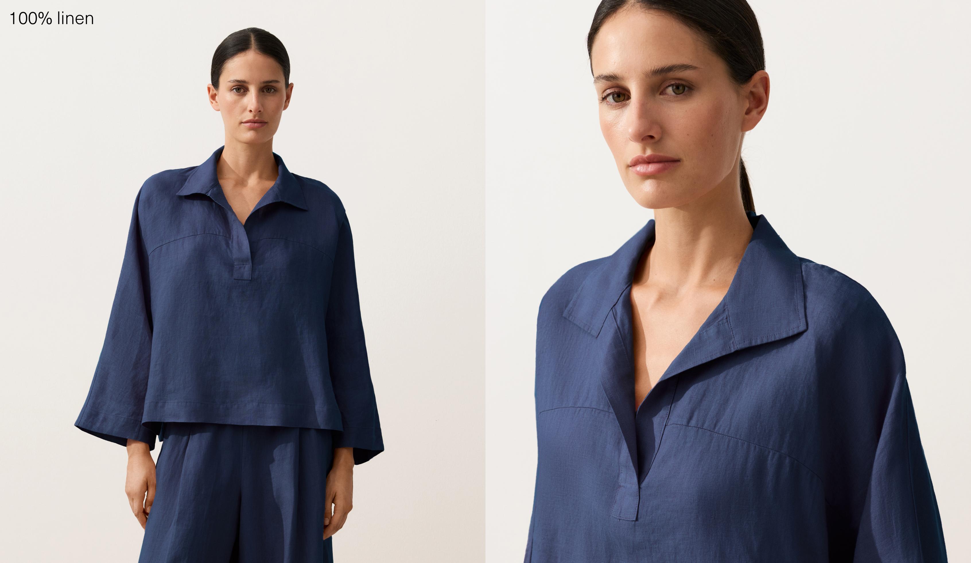 Oversize long-sleeve 100% linen polo shirt — NAVY