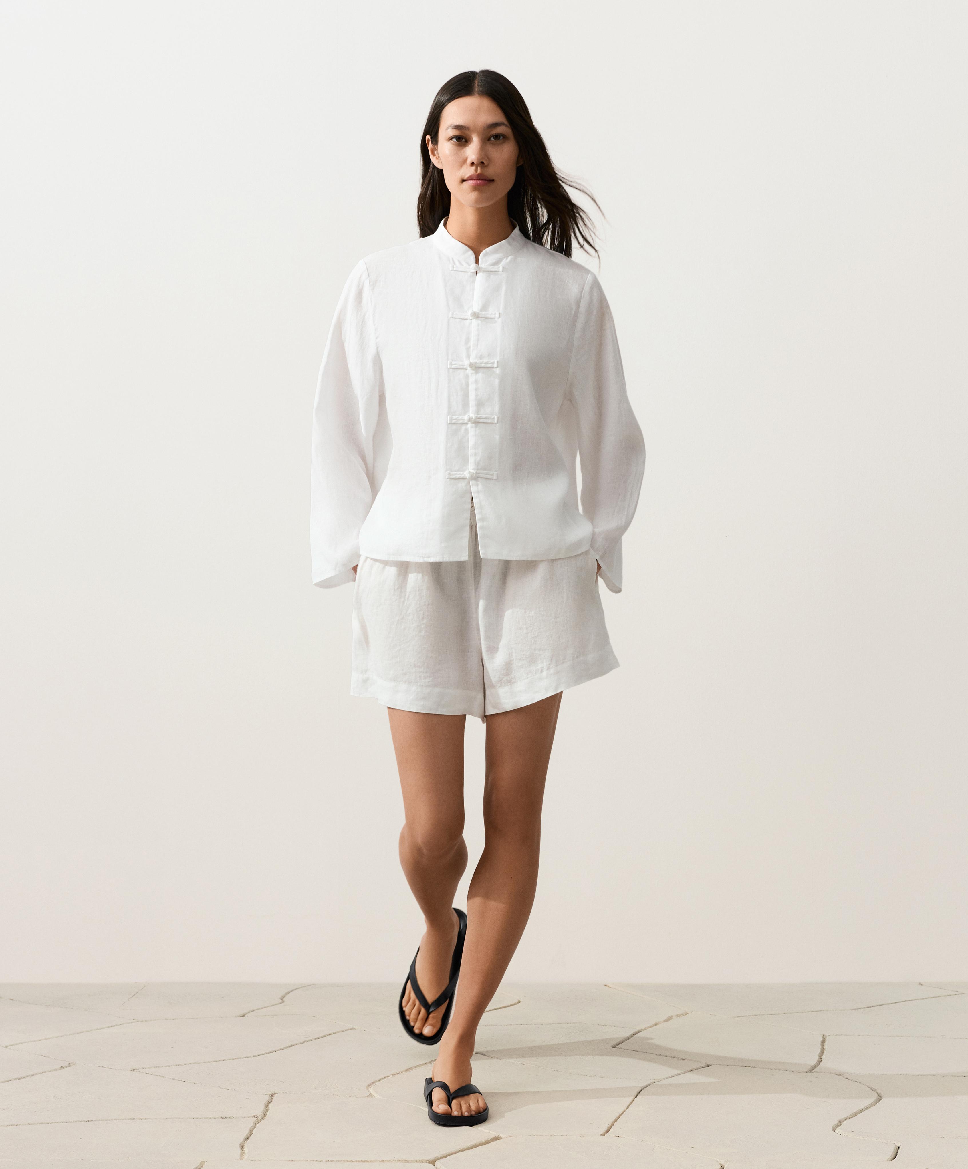 100% linen stand-up collar shirt — WHITE