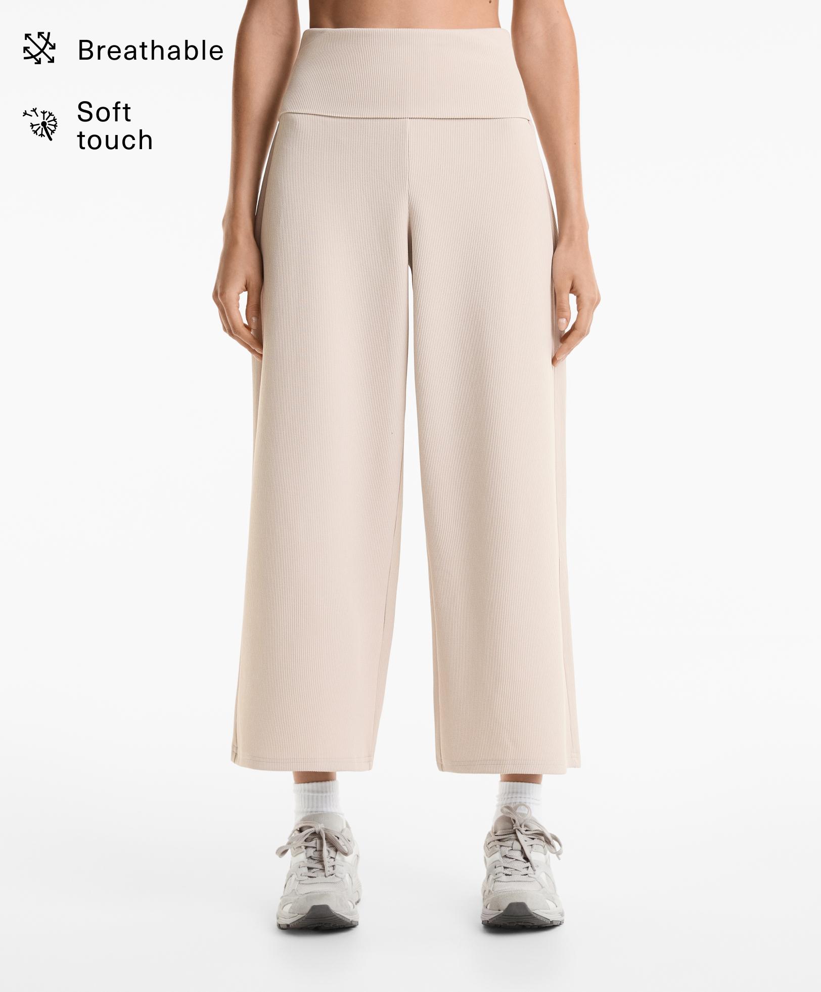 Wide-leg trousers with turned-over rib waist, 29% modal