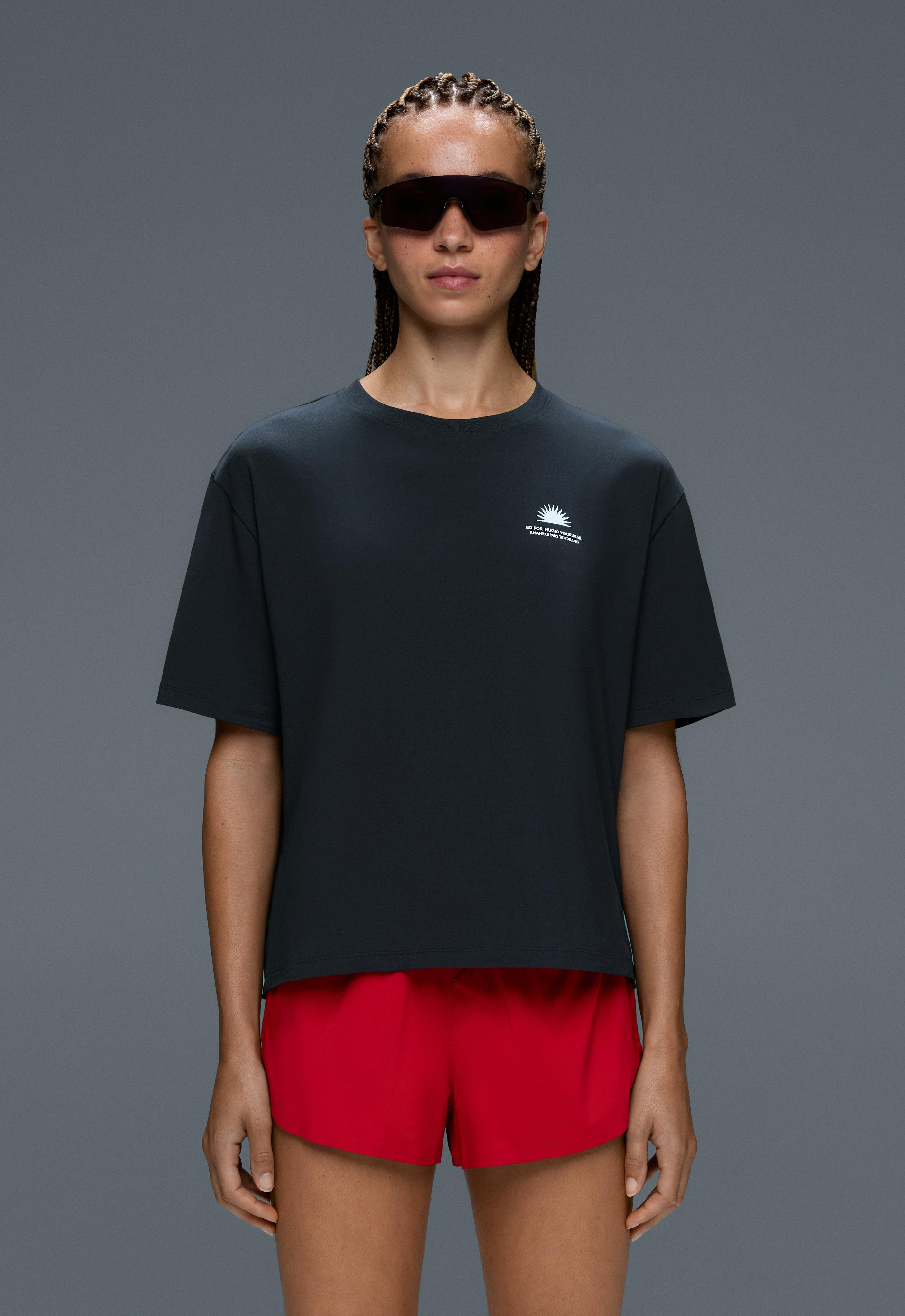 Boxy short-sleeved cotton blend printed T-shirt — NAVY BLUE