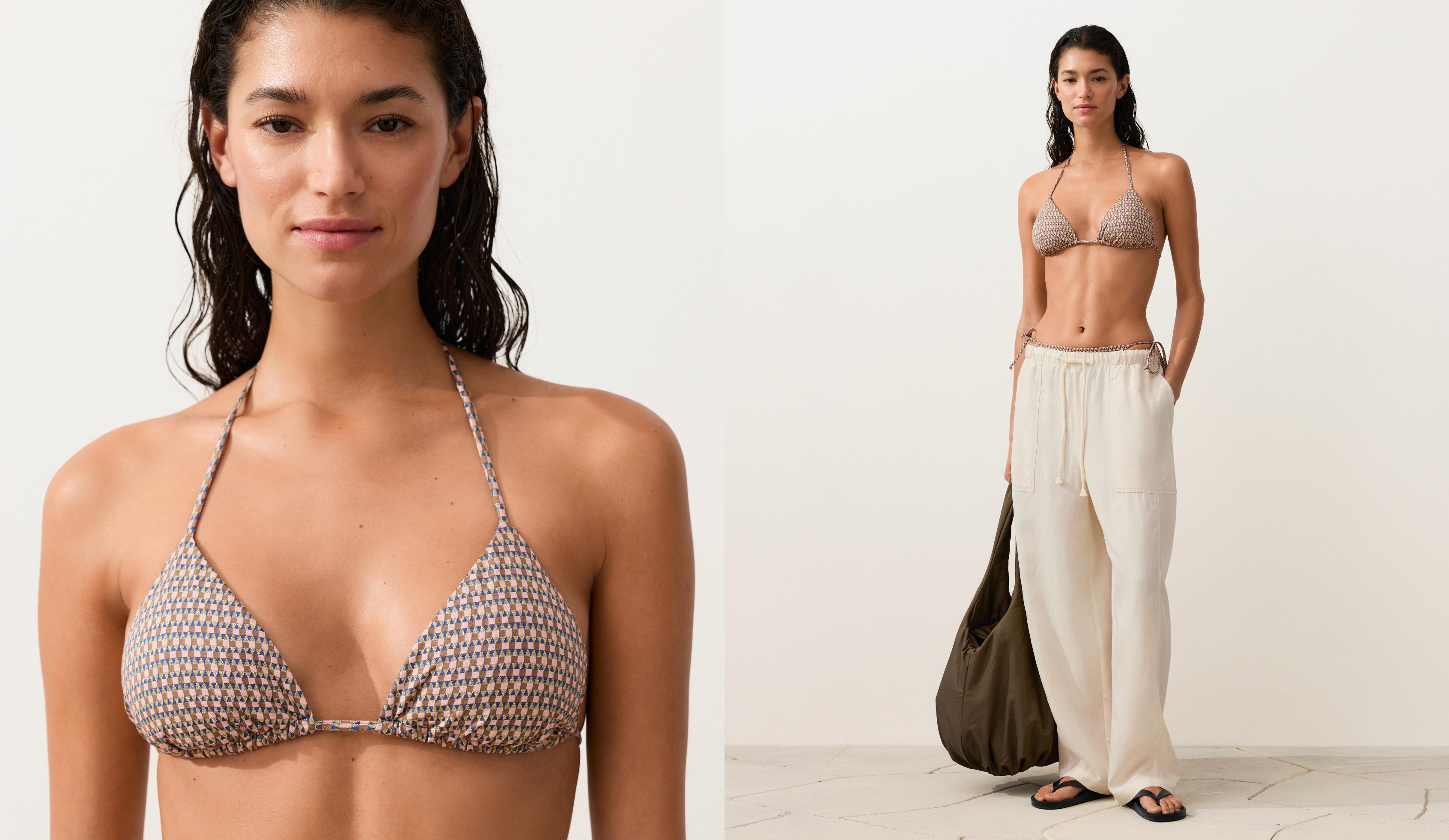 Mini print metallic thread triangle bikini top — PINK