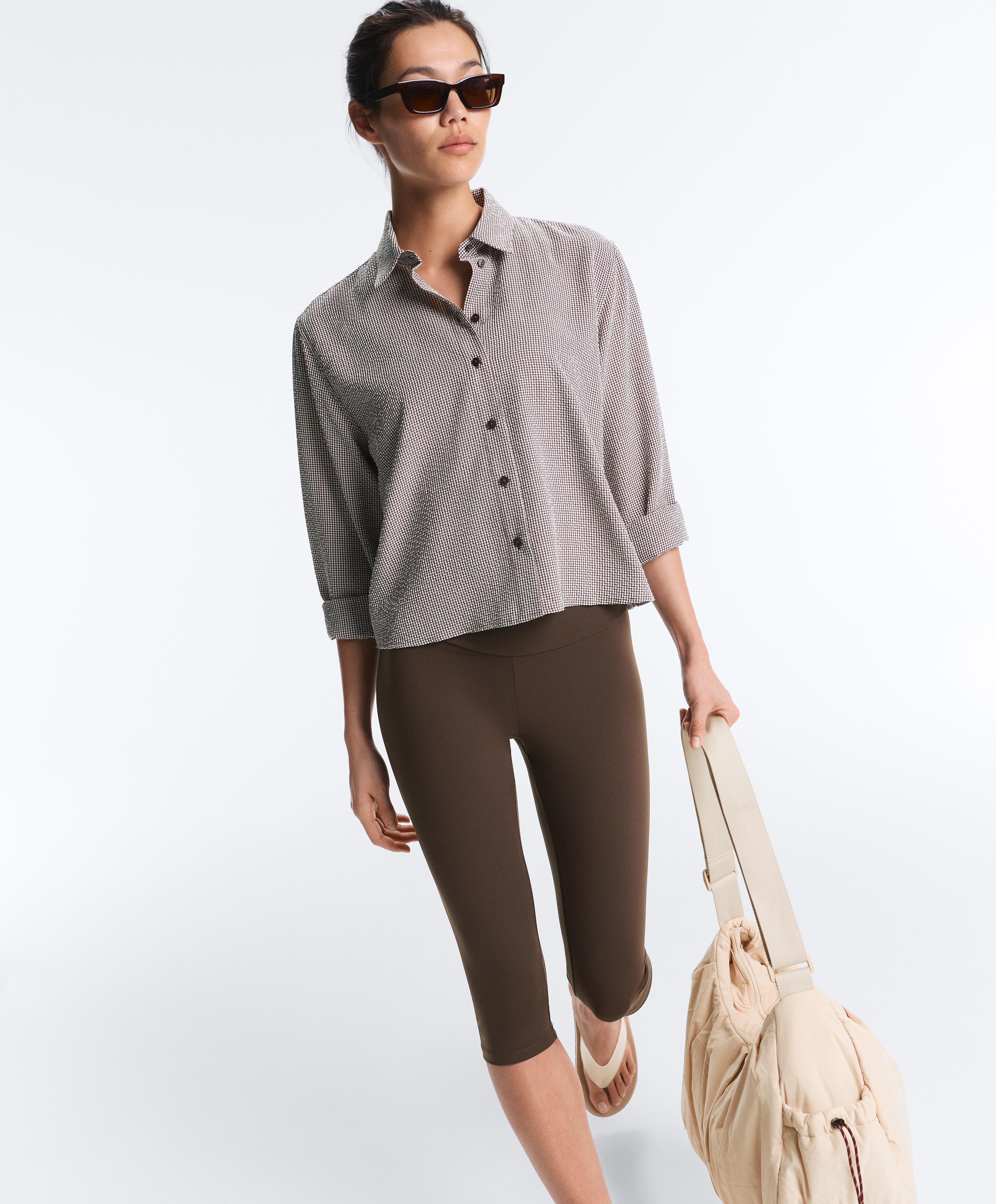 Short gingham lyocell blend shirt — DARK REDDISH‑BROWN