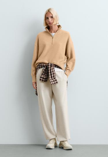 Adjustable cotton-blend fleece straight trousers — OATMEAL 1