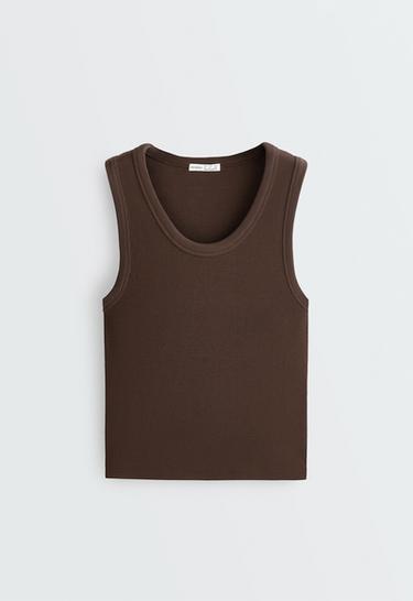Rib T-shirt with wide straps, cotton and modal — DARK BROWN 5