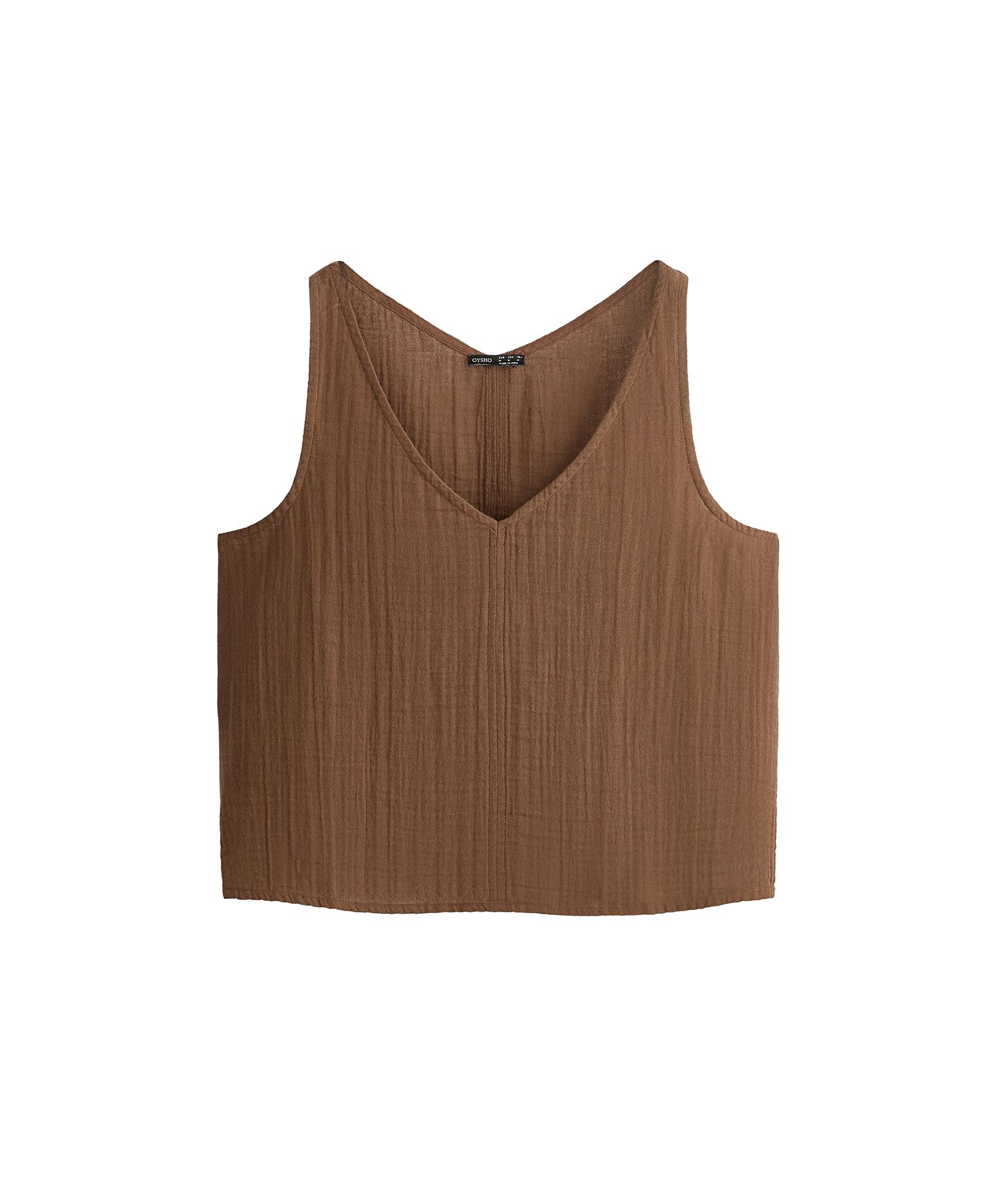 100% cotton gauze V-neck strappy top — TAN