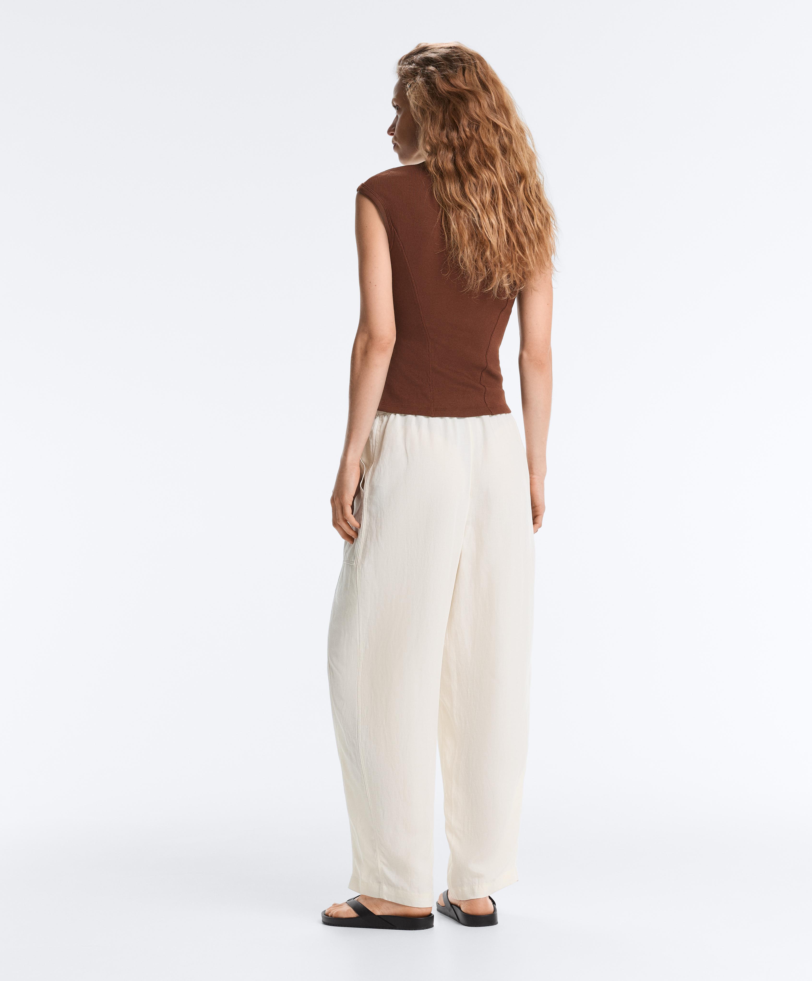 Short-sleeved rib top with cotton and modal — COFFEE