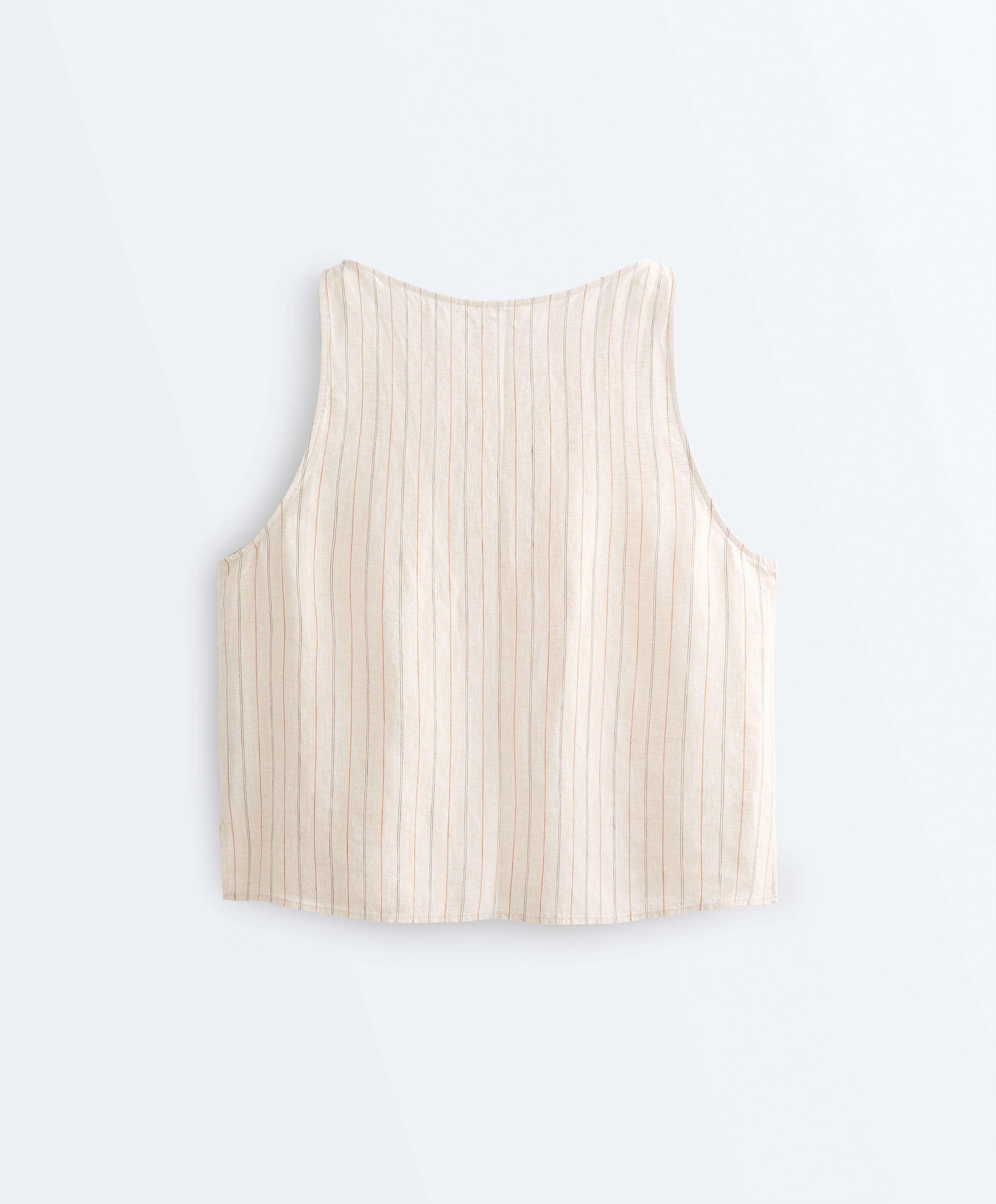 100% linen striped square top — SAND MELANGE