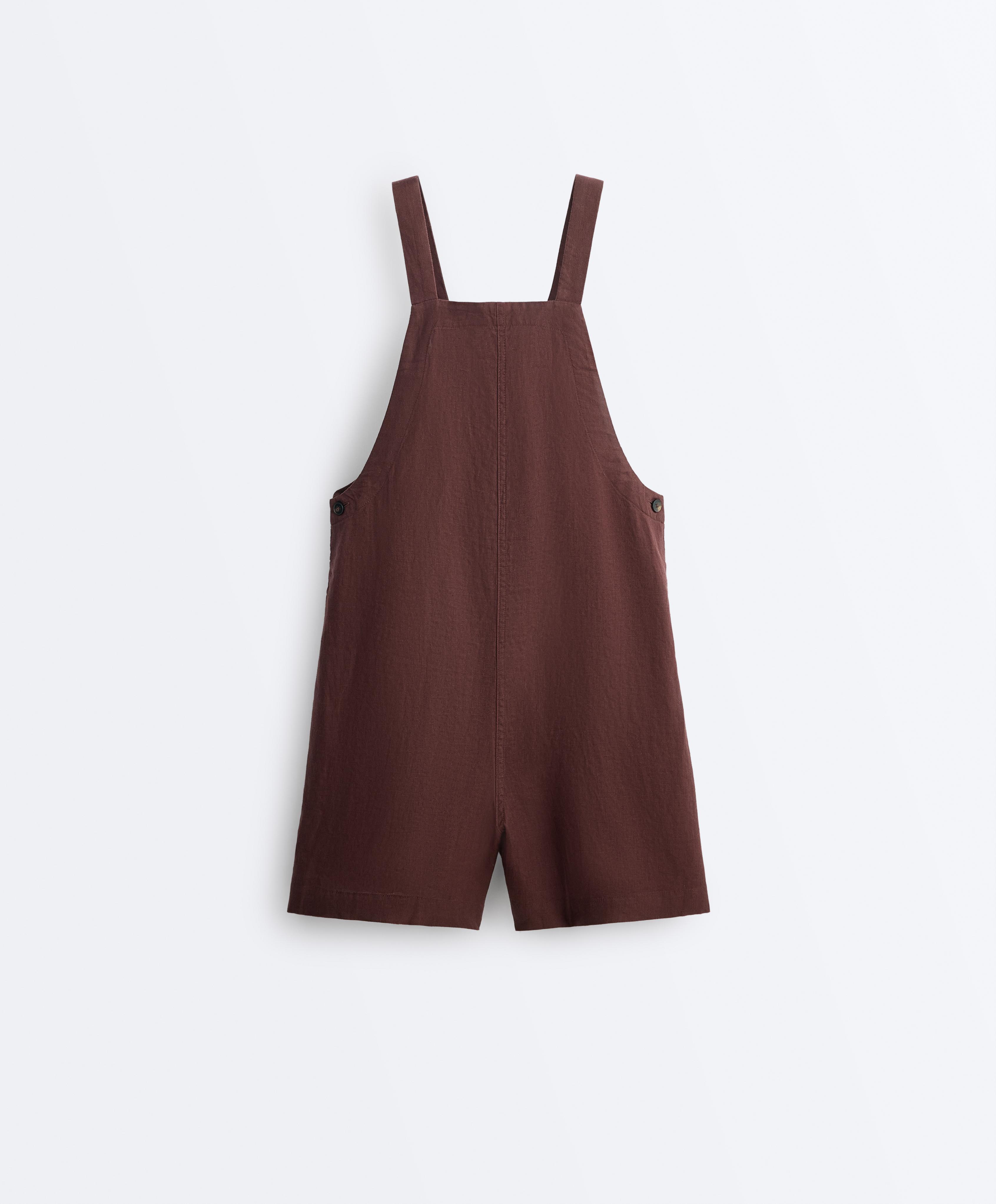 Short strappy 100% linen jumpsuit — CHOCOLATE